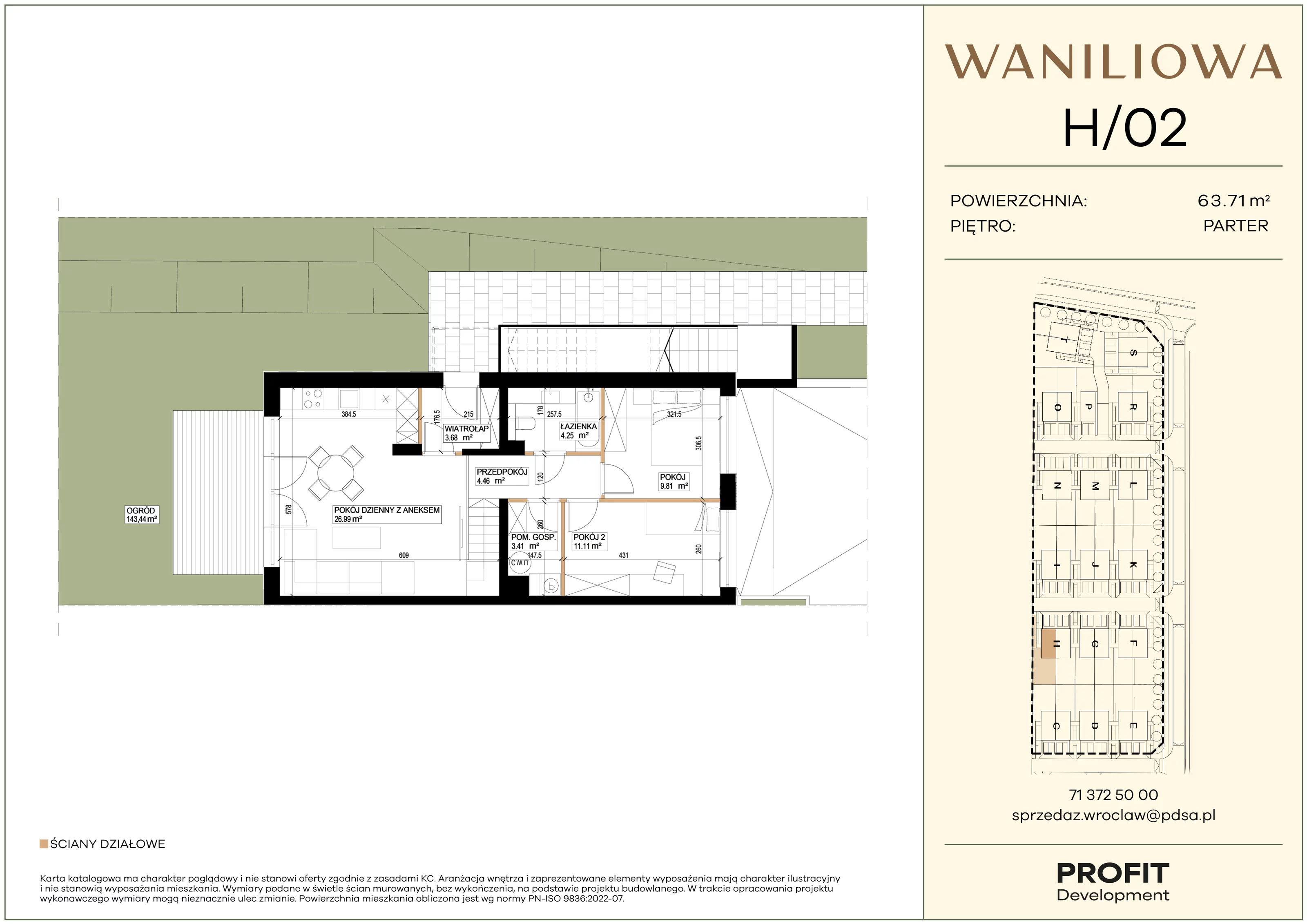 3 pokoje, mieszkanie 63,71 m², parter, oferta nr WA1/H/02, Waniliowa, Wrocław, Lipa Piotrowska, Psie Pole, ul. Waniliowa