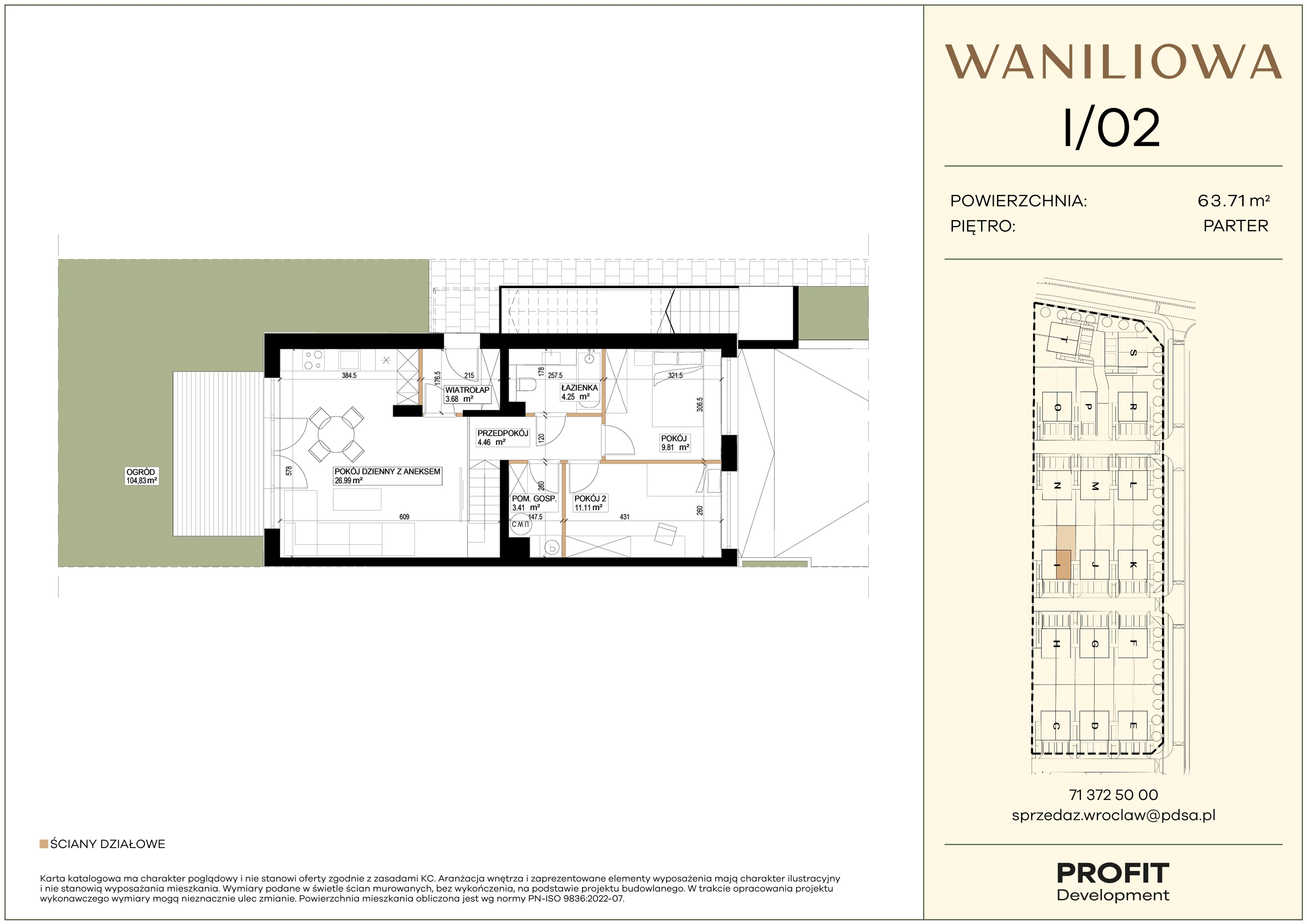 3 pokoje, mieszkanie 63,71 m², parter, oferta nr WA1/I/02, Waniliowa, Wrocław, Lipa Piotrowska, Psie Pole, ul. Waniliowa