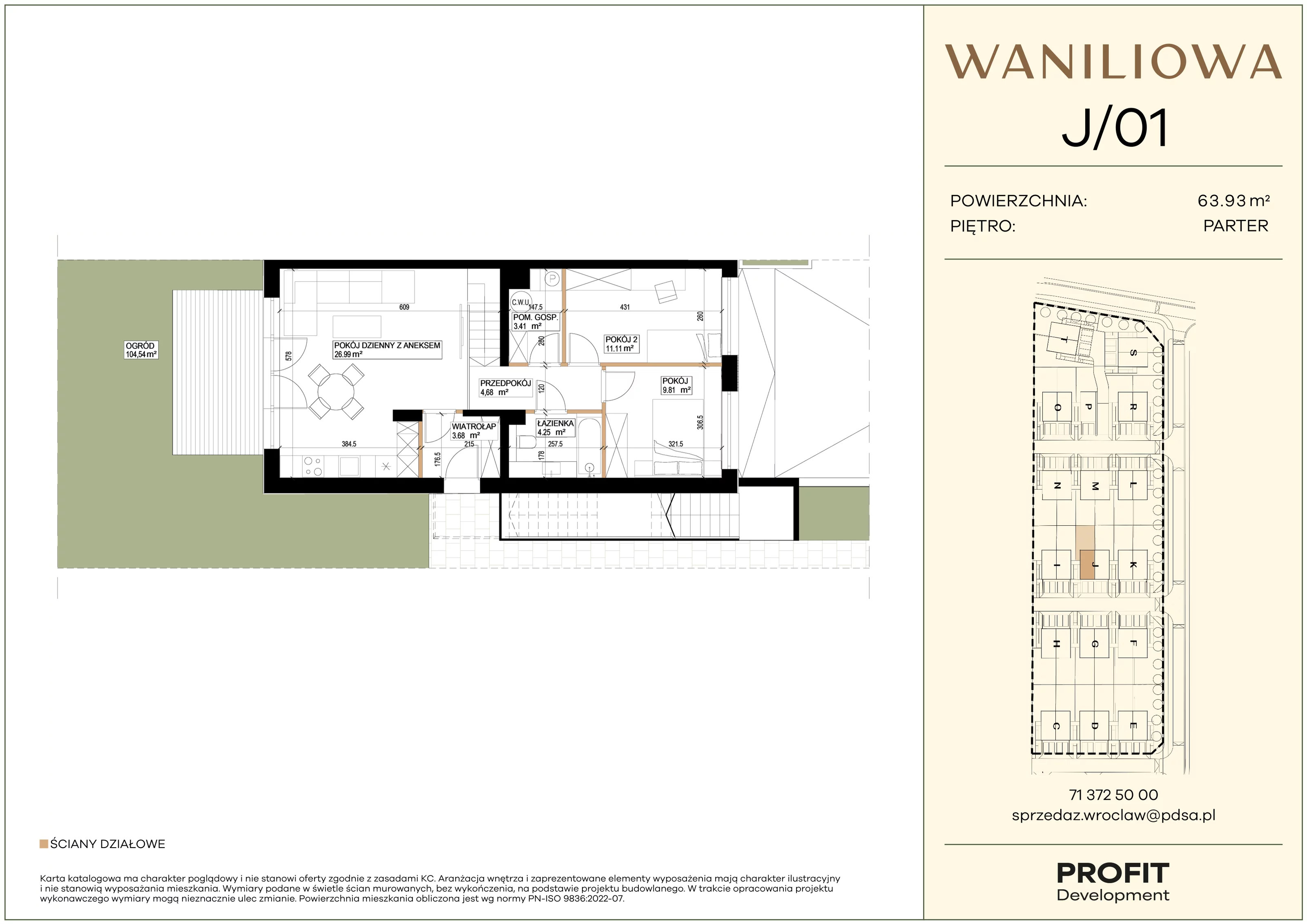 3 pokoje, mieszkanie 63,93 m², parter, oferta nr WA1/J/01, Waniliowa, Wrocław, Lipa Piotrowska, Psie Pole, ul. Waniliowa