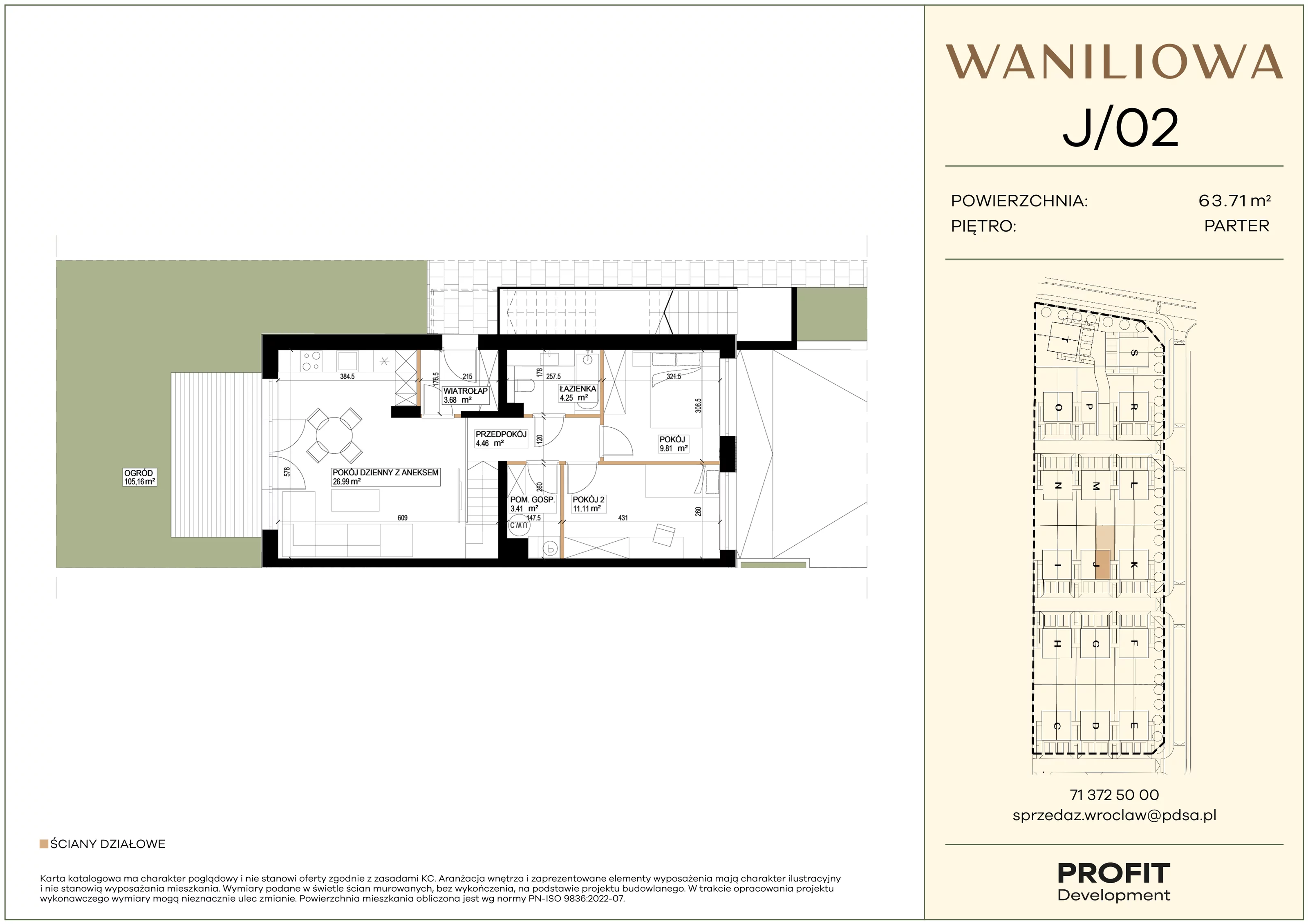 3 pokoje, mieszkanie 63,71 m², parter, oferta nr WA1/J/02, Waniliowa, Wrocław, Lipa Piotrowska, Psie Pole, ul. Waniliowa