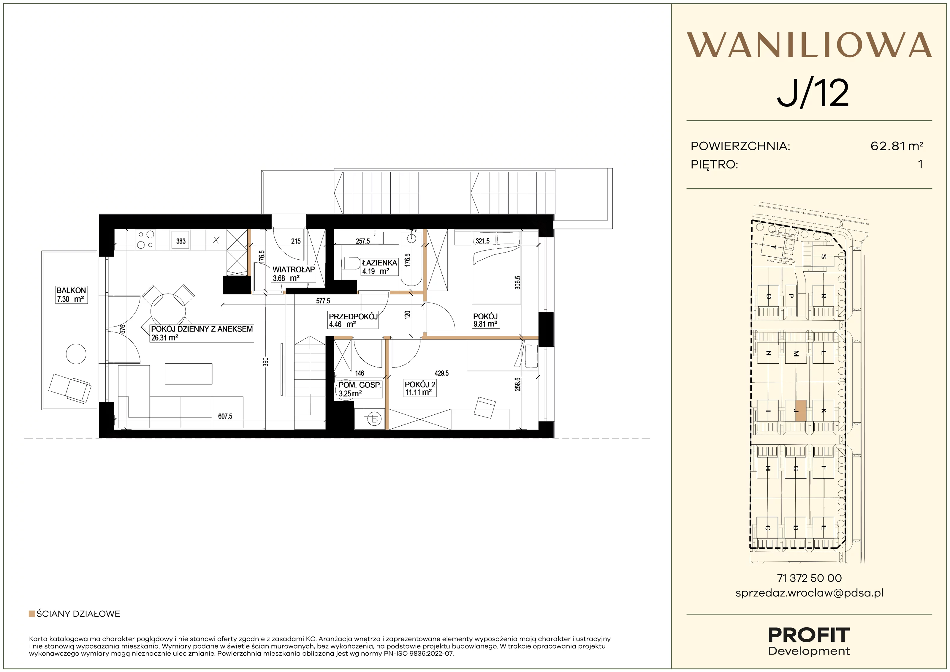 3 pokoje, mieszkanie 62,81 m², piętro 1, oferta nr WA1/J/12, Waniliowa, Wrocław, Lipa Piotrowska, Psie Pole, ul. Waniliowa