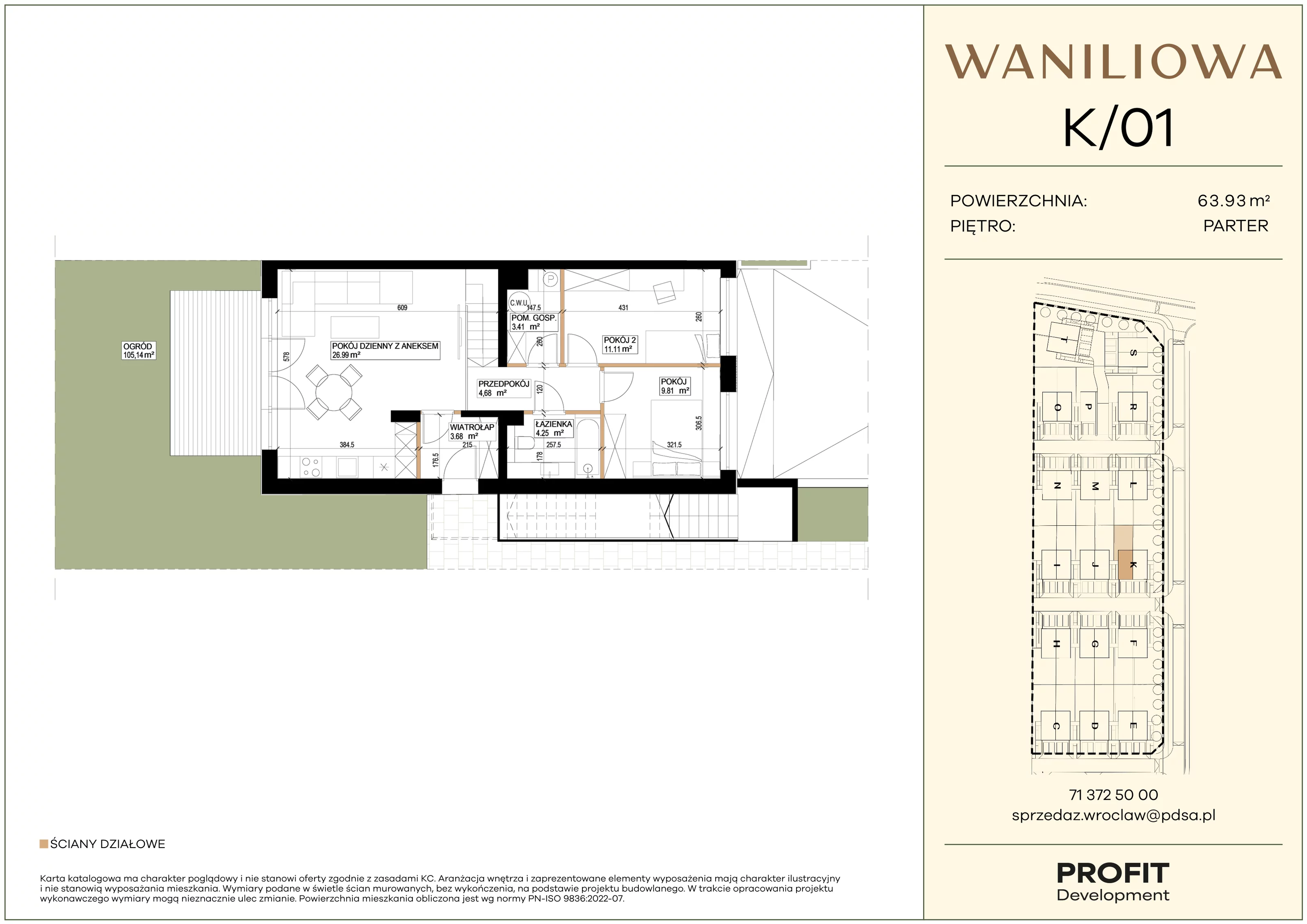3 pokoje, mieszkanie 63,93 m², parter, oferta nr WA1/K/01, Waniliowa, Wrocław, Lipa Piotrowska, Psie Pole, ul. Waniliowa