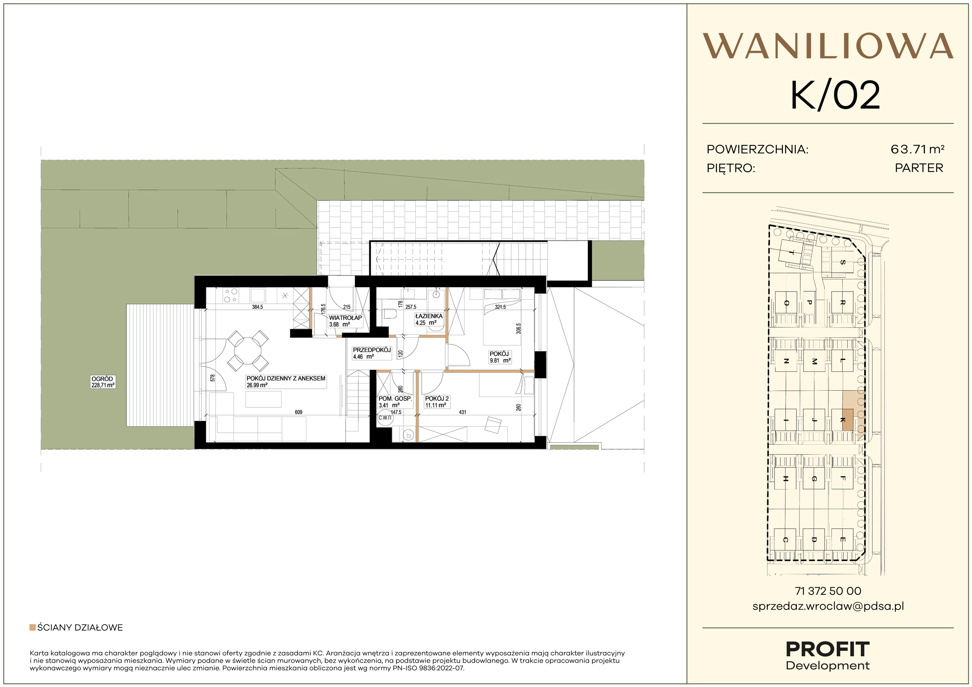 3 pokoje, mieszkanie 63,71 m², parter, oferta nr WA1/K/02, Waniliowa, Wrocław, Lipa Piotrowska, Psie Pole, ul. Waniliowa