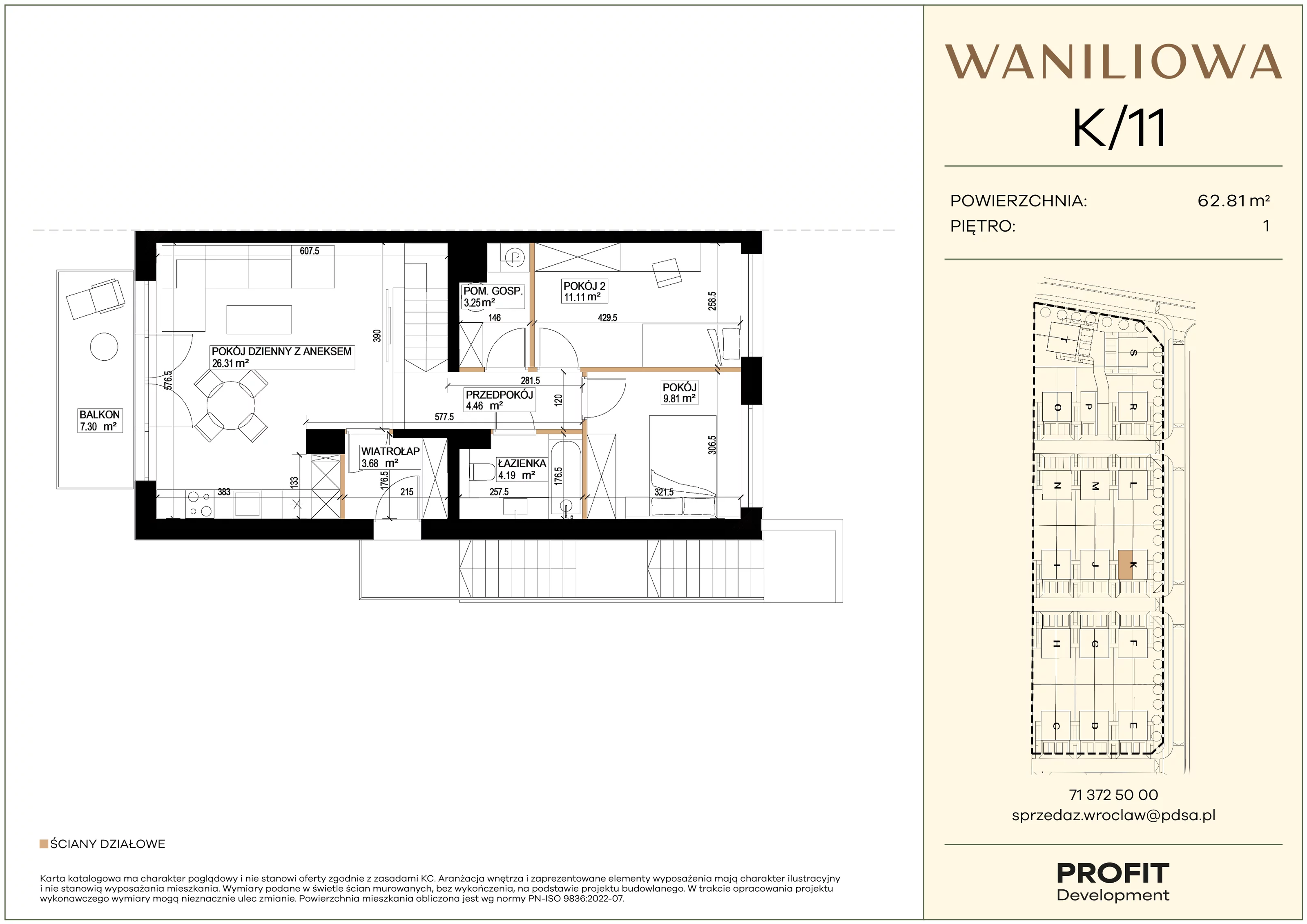3 pokoje, mieszkanie 62,81 m², piętro 1, oferta nr WA1/K/11, Waniliowa, Wrocław, Lipa Piotrowska, Psie Pole, ul. Waniliowa