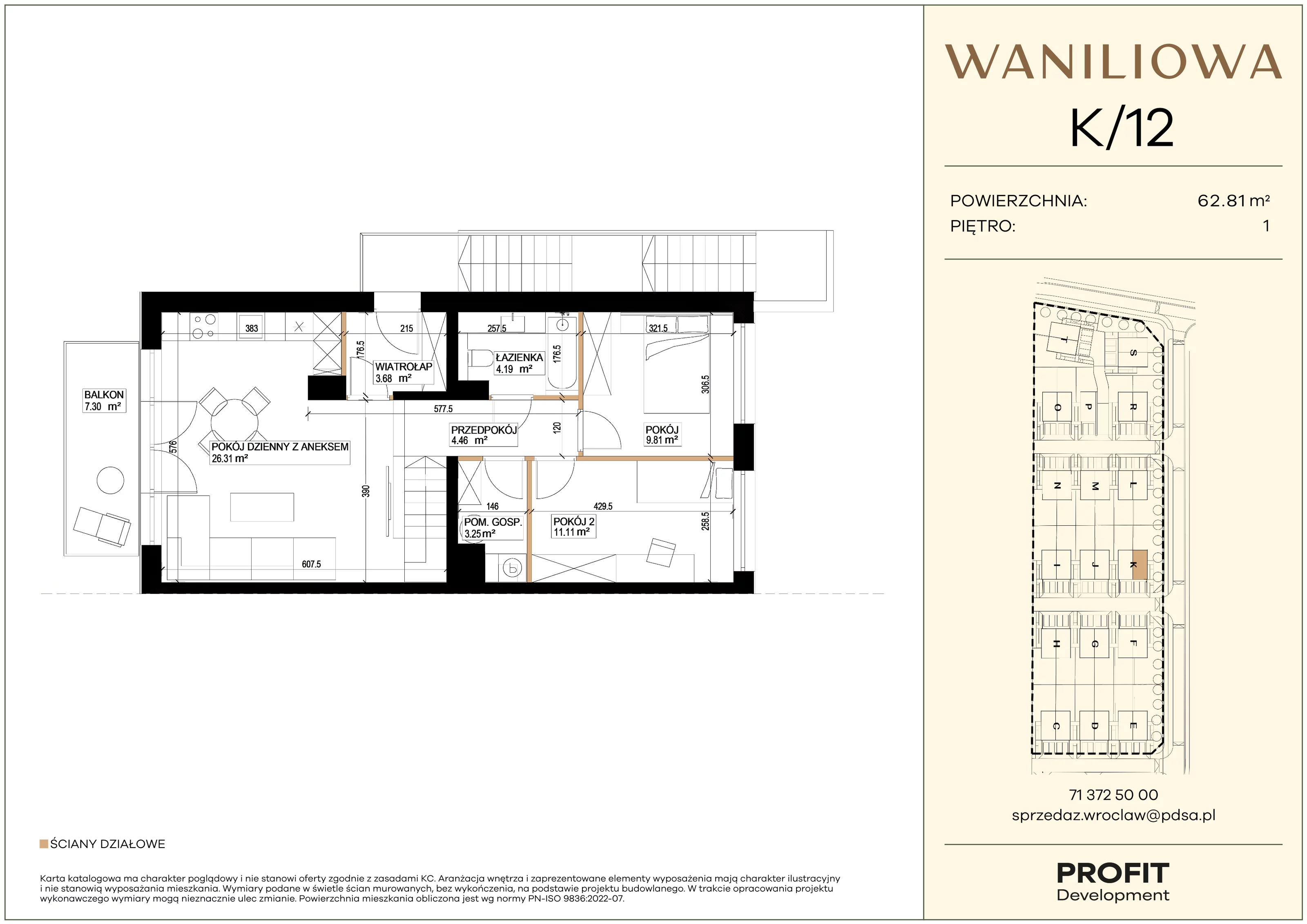 3 pokoje, mieszkanie 62,81 m², piętro 1, oferta nr WA1/K/12, Waniliowa, Wrocław, Lipa Piotrowska, Psie Pole, ul. Waniliowa