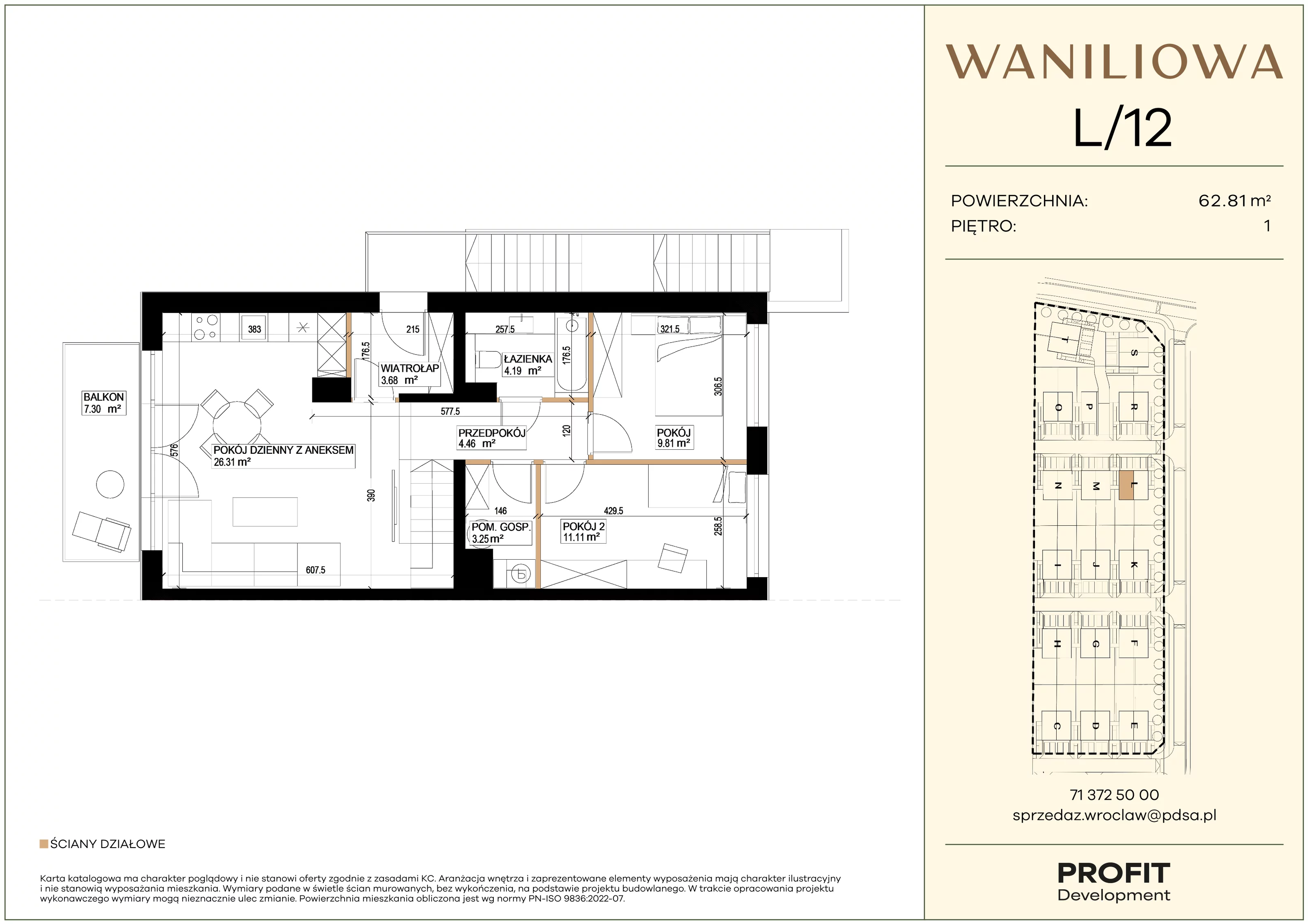 3 pokoje, mieszkanie 62,81 m², piętro 1, oferta nr WA1/L/12, Waniliowa, Wrocław, Lipa Piotrowska, Psie Pole, ul. Waniliowa