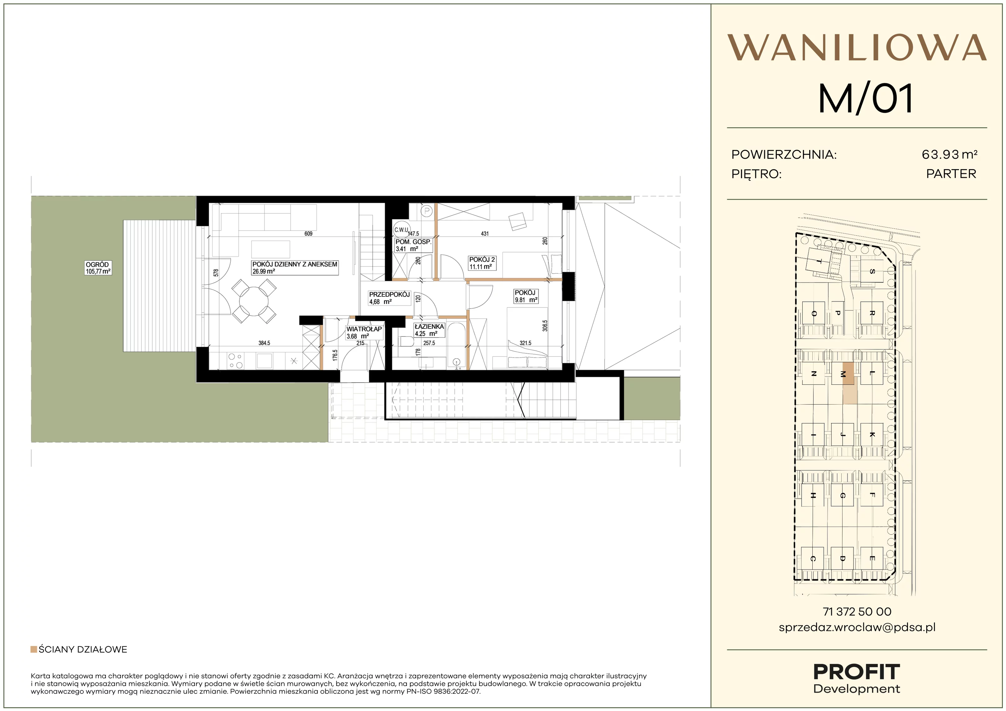 3 pokoje, mieszkanie 63,93 m², parter, oferta nr WA1/M/01, Waniliowa, Wrocław, Lipa Piotrowska, Psie Pole, ul. Waniliowa
