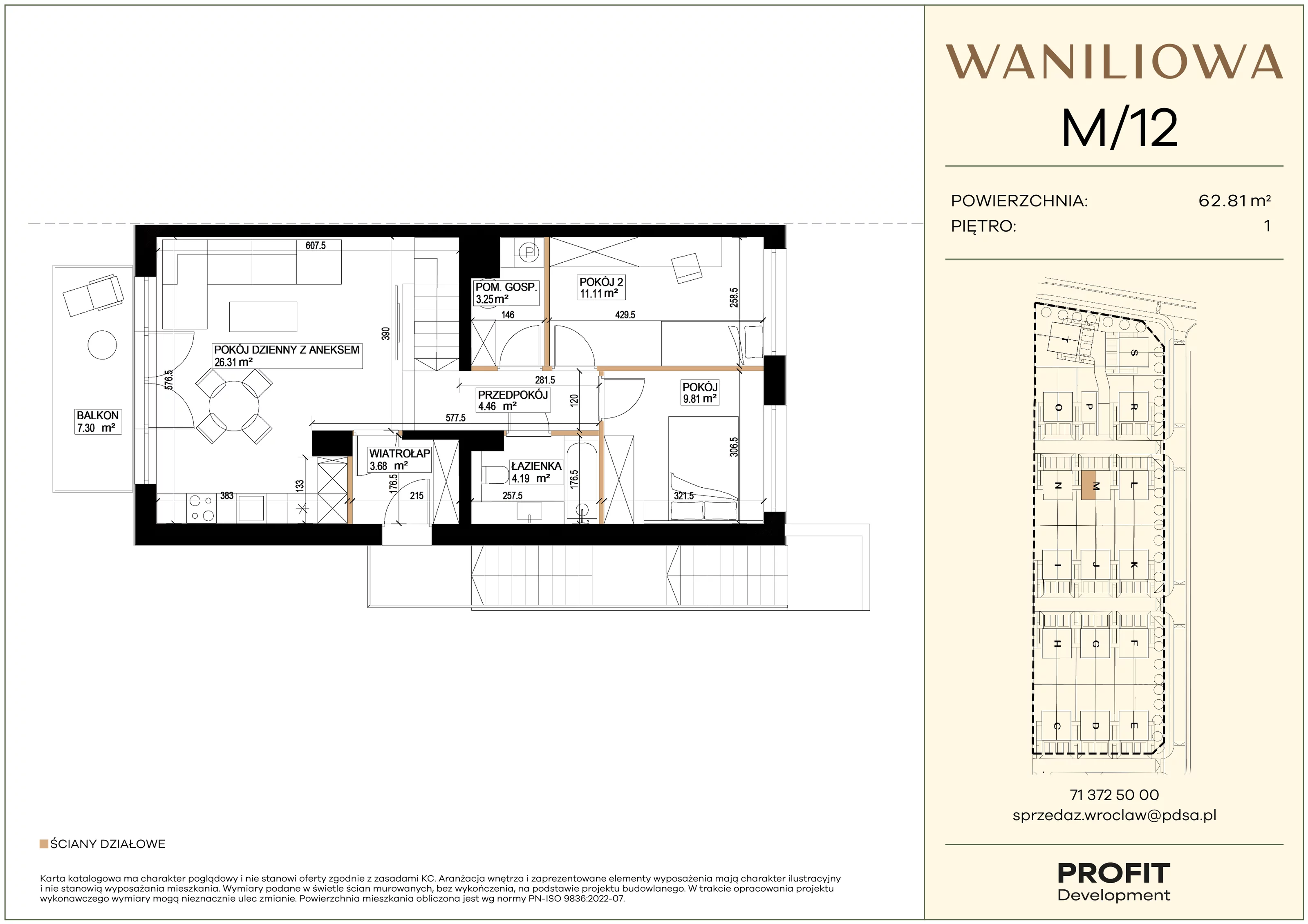 3 pokoje, mieszkanie 62,81 m², piętro 1, oferta nr WA1/M/12, Waniliowa, Wrocław, Lipa Piotrowska, Psie Pole, ul. Waniliowa