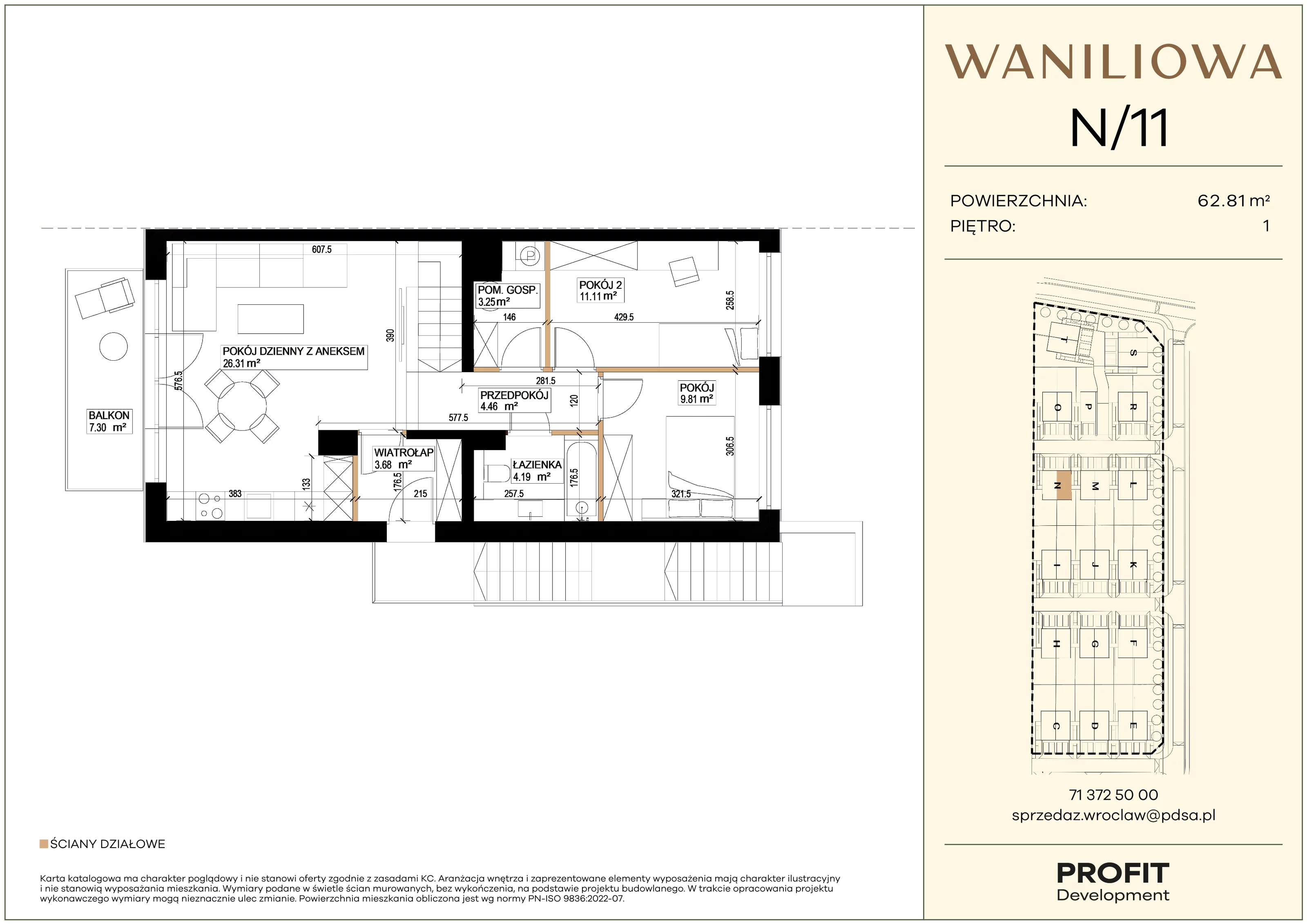 3 pokoje, mieszkanie 62,81 m², piętro 1, oferta nr WA1/N/11, Waniliowa, Wrocław, Lipa Piotrowska, Psie Pole, ul. Waniliowa