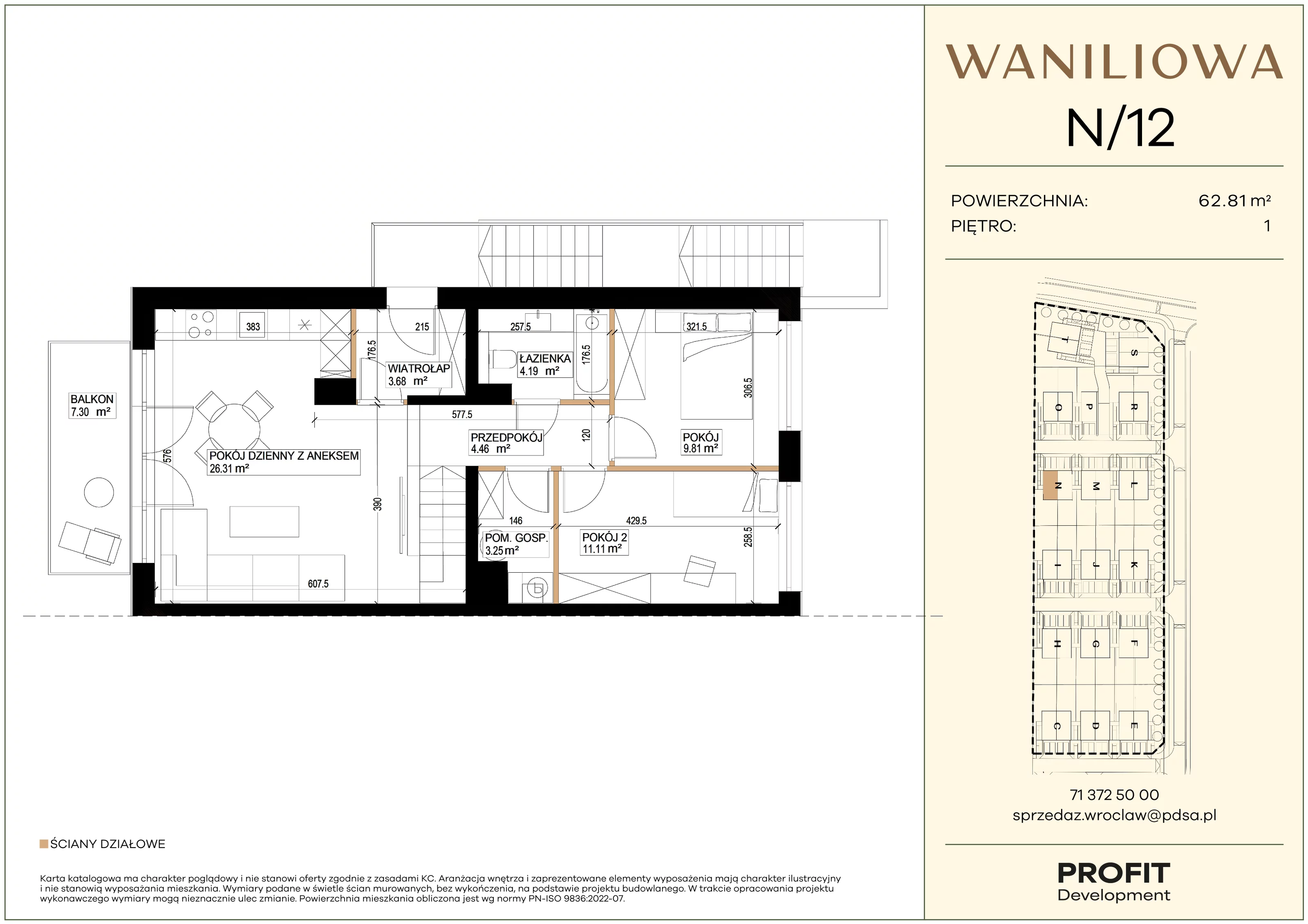 3 pokoje, mieszkanie 62,81 m², piętro 1, oferta nr WA1/N/12, Waniliowa, Wrocław, Lipa Piotrowska, Psie Pole, ul. Waniliowa