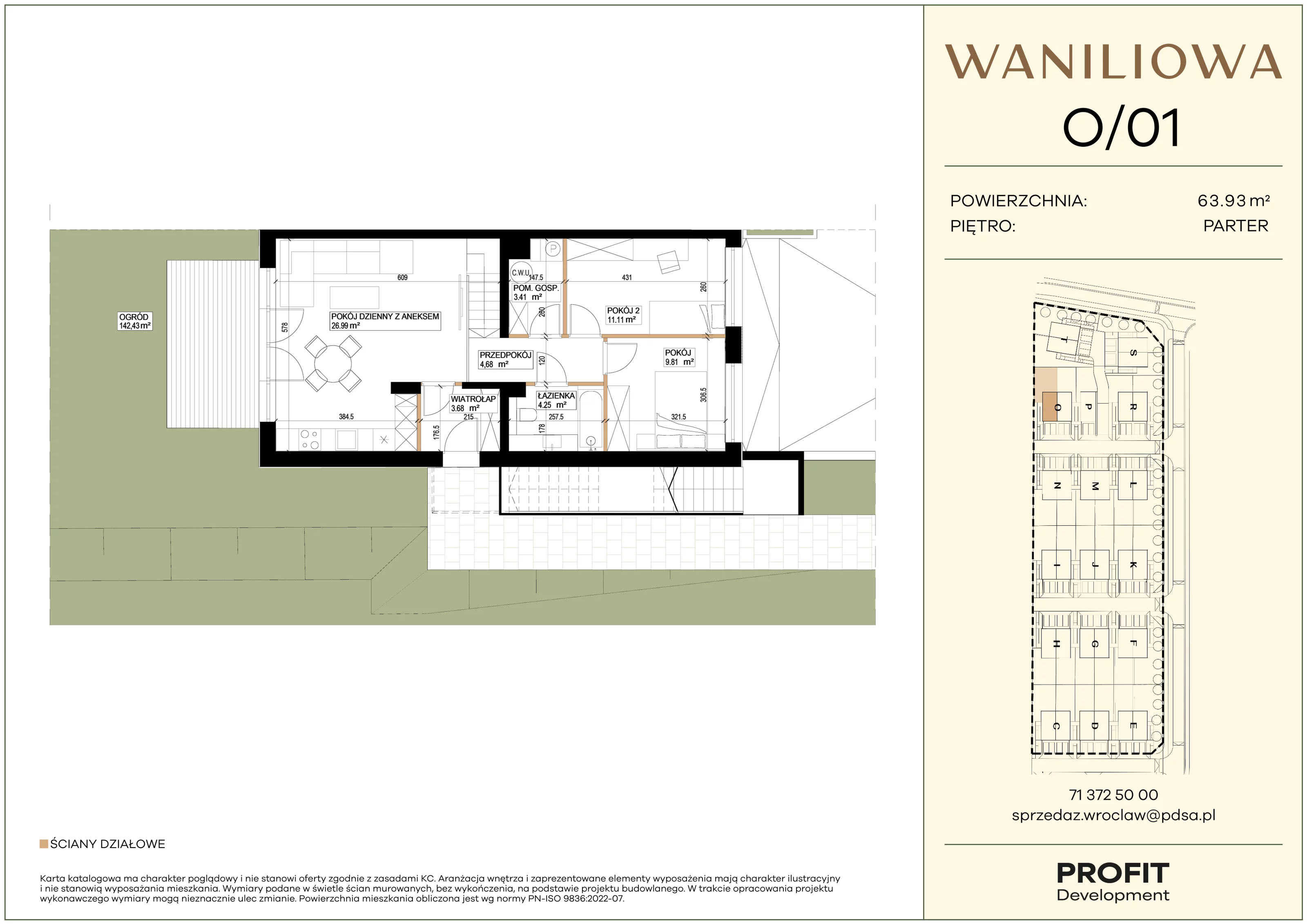 3 pokoje, mieszkanie 63,93 m², parter, oferta nr WA1/O/01, Waniliowa, Wrocław, Lipa Piotrowska, Psie Pole, ul. Waniliowa