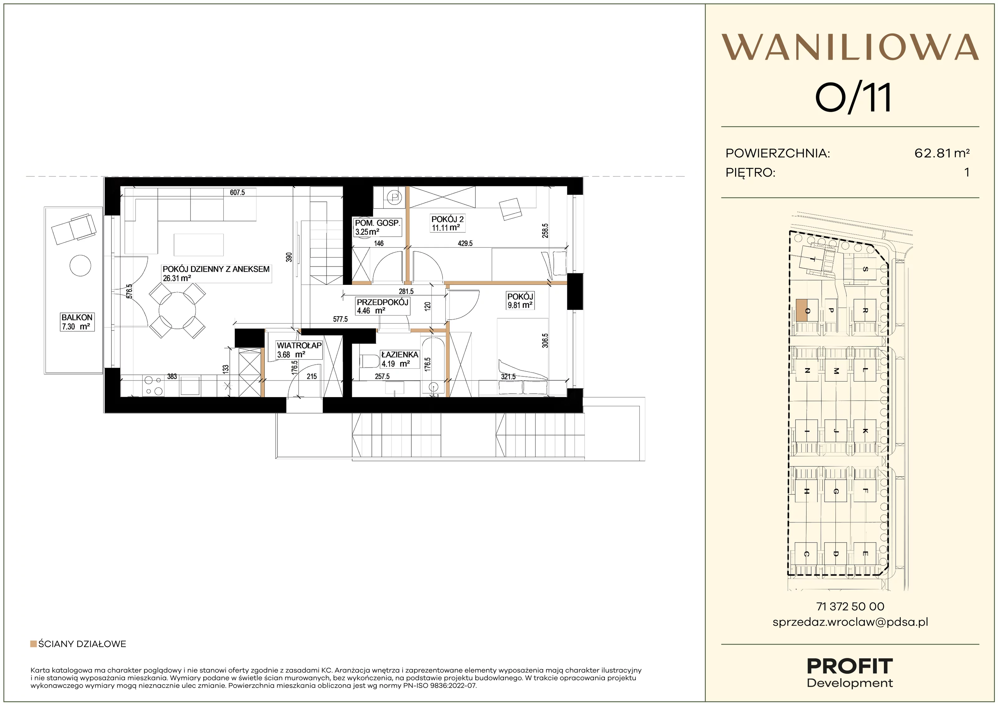 3 pokoje, mieszkanie 62,81 m², piętro 1, oferta nr WA1/O/11, Waniliowa, Wrocław, Lipa Piotrowska, Psie Pole, ul. Waniliowa