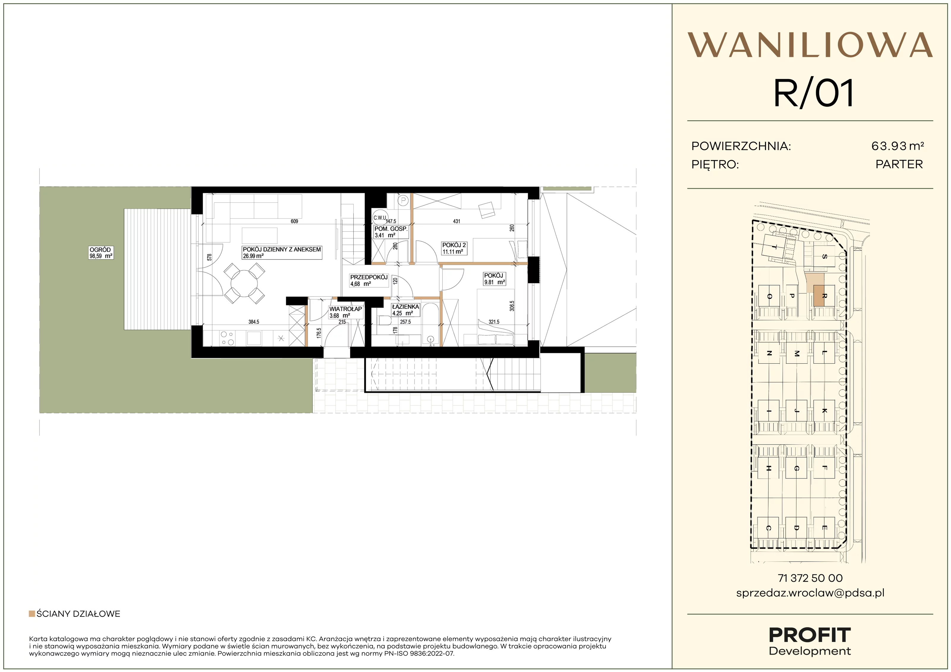 3 pokoje, mieszkanie 63,93 m², parter, oferta nr WA1/R/01, Waniliowa, Wrocław, Lipa Piotrowska, Psie Pole, ul. Waniliowa