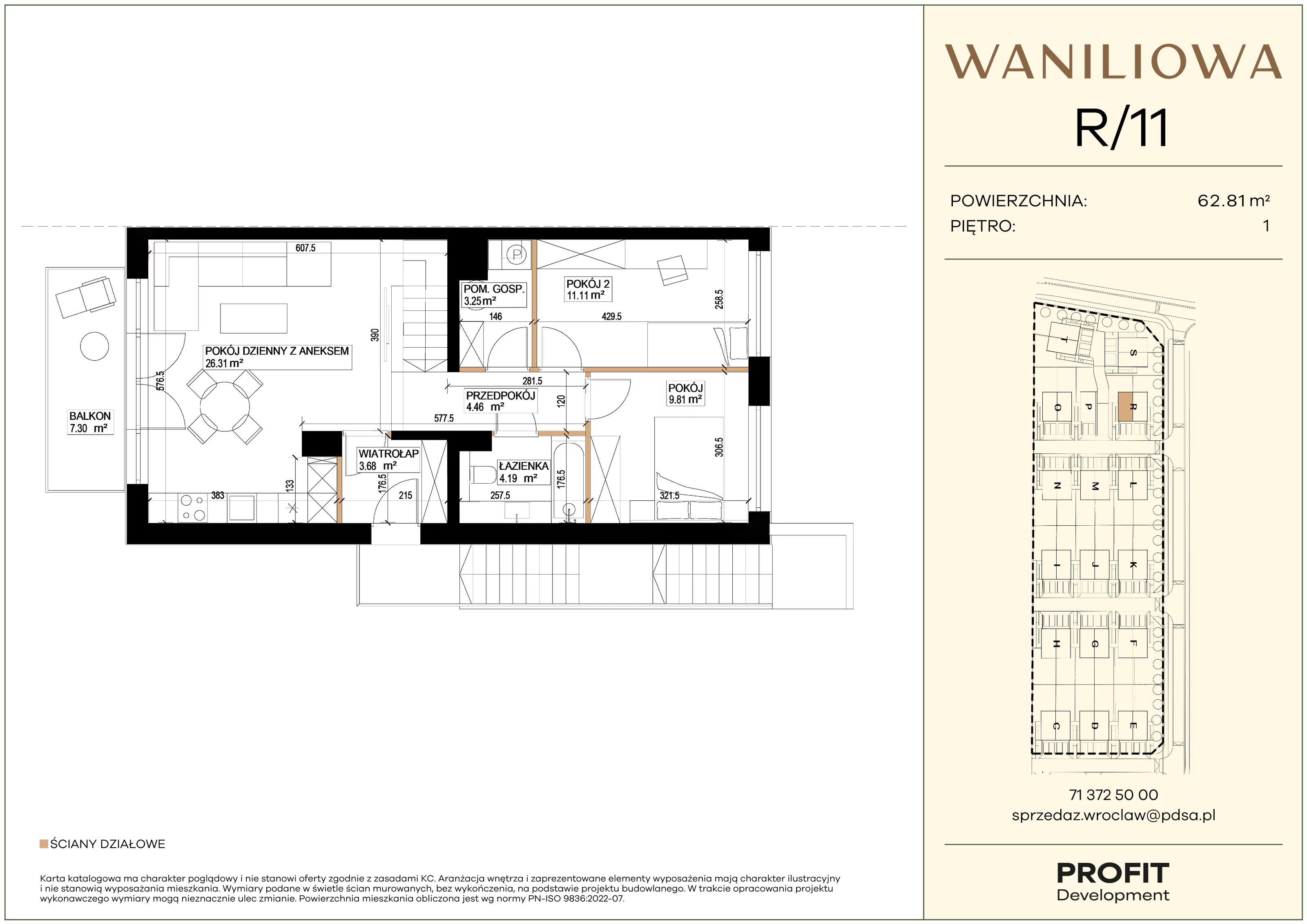 3 pokoje, mieszkanie 62,81 m², piętro 1, oferta nr WA1/R/11, Waniliowa, Wrocław, Lipa Piotrowska, Psie Pole, ul. Waniliowa