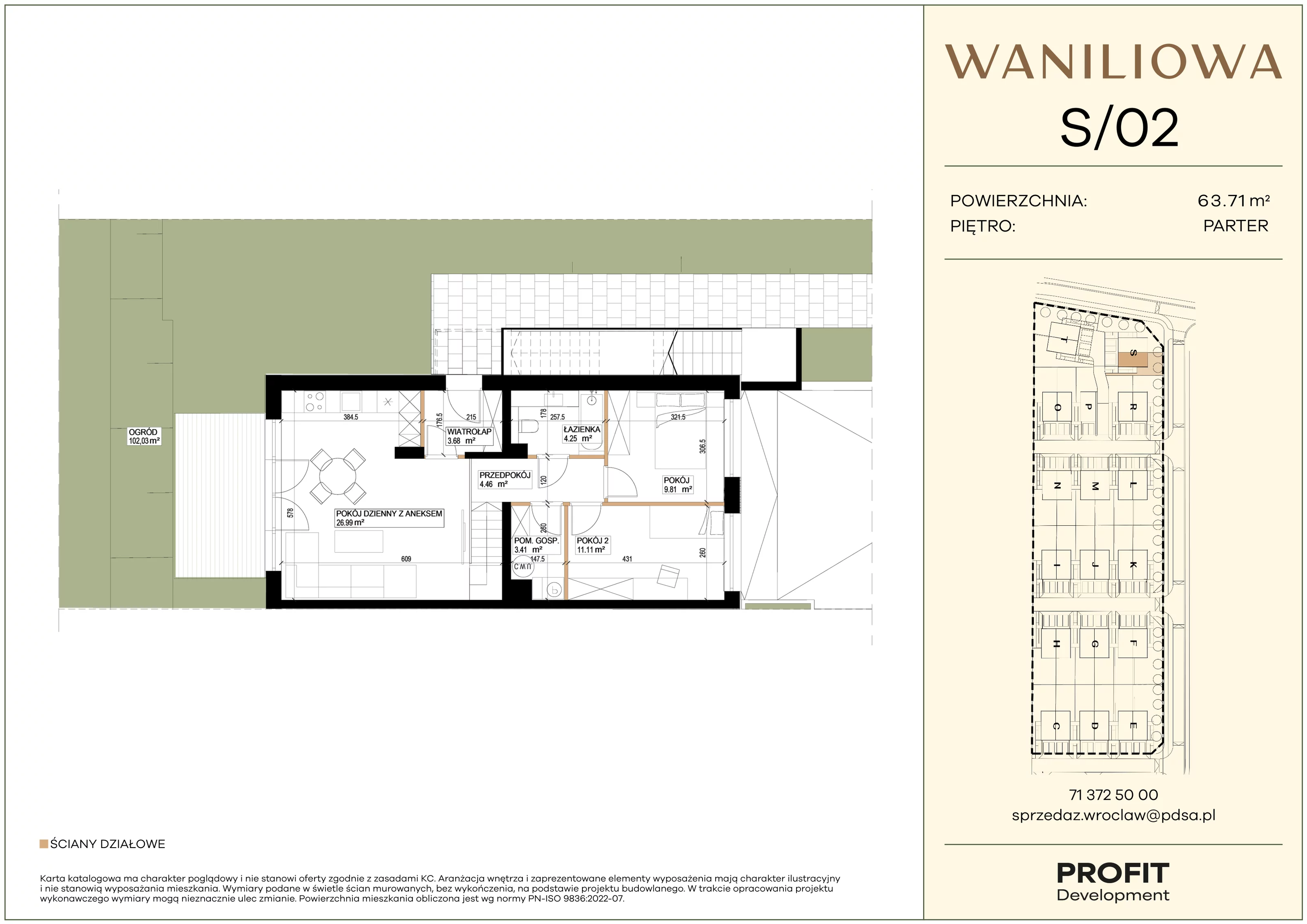 3 pokoje, mieszkanie 63,71 m², parter, oferta nr WA1/S/02, Waniliowa, Wrocław, Lipa Piotrowska, Psie Pole, ul. Waniliowa