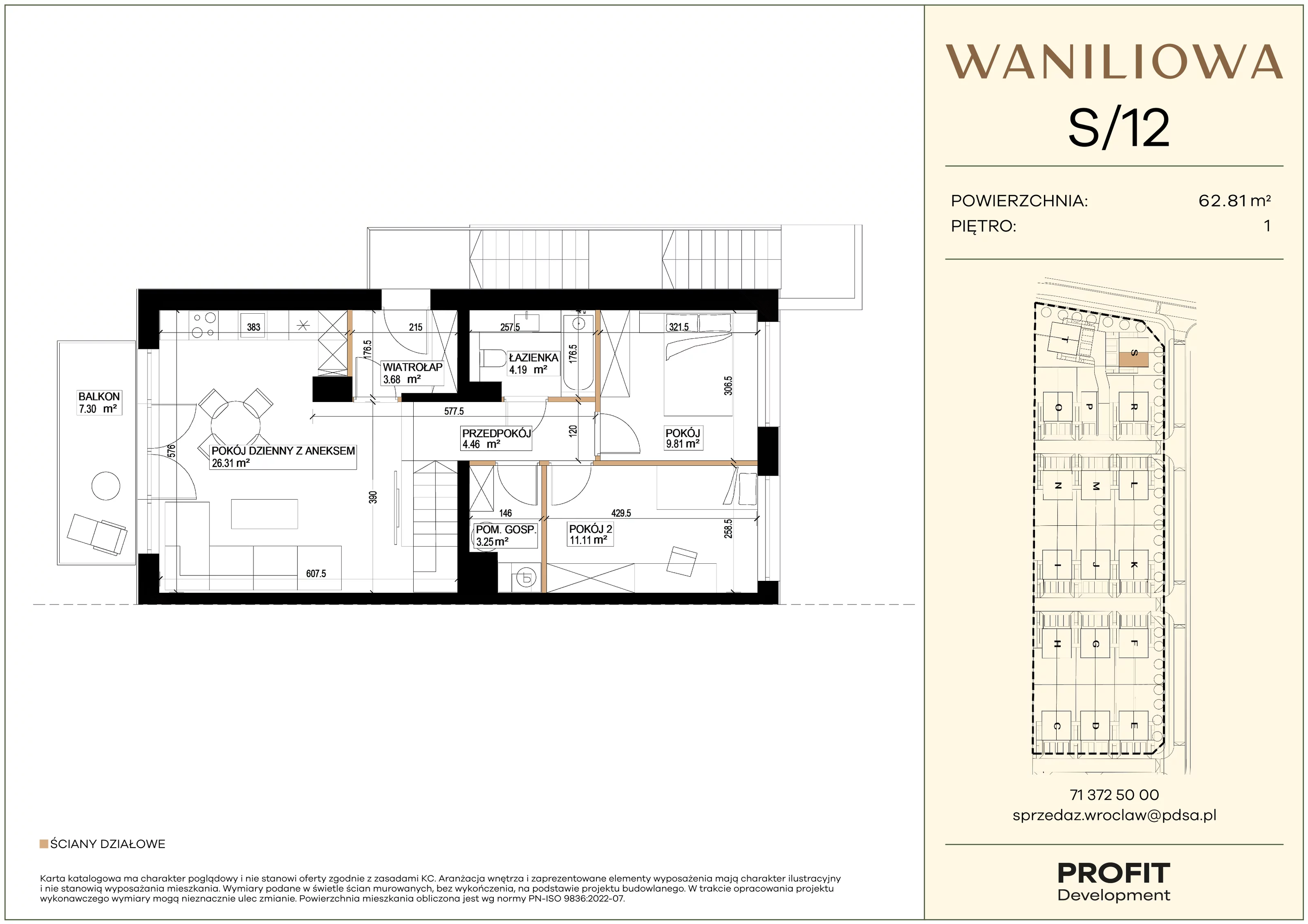 3 pokoje, mieszkanie 62,81 m², piętro 1, oferta nr WA1/S/12, Waniliowa, Wrocław, Lipa Piotrowska, Psie Pole, ul. Waniliowa