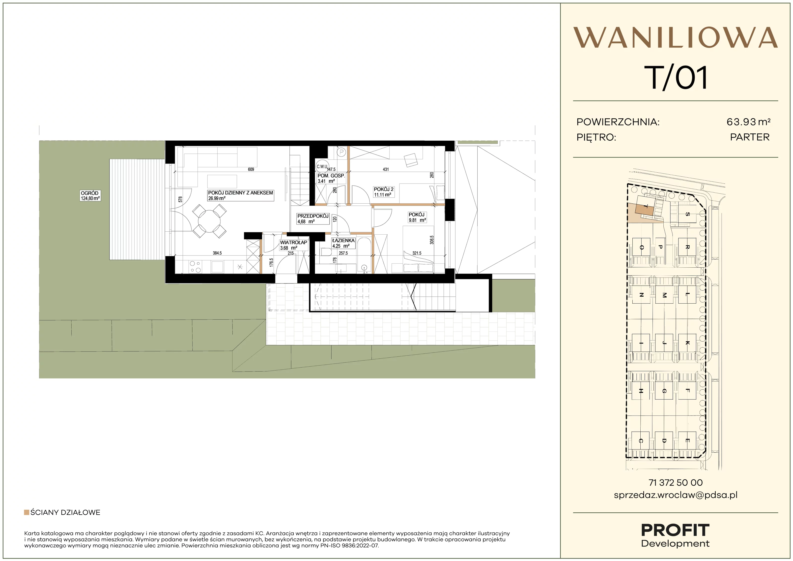 3 pokoje, mieszkanie 63,93 m², parter, oferta nr WA1/T/01, Waniliowa, Wrocław, Lipa Piotrowska, Psie Pole, ul. Waniliowa