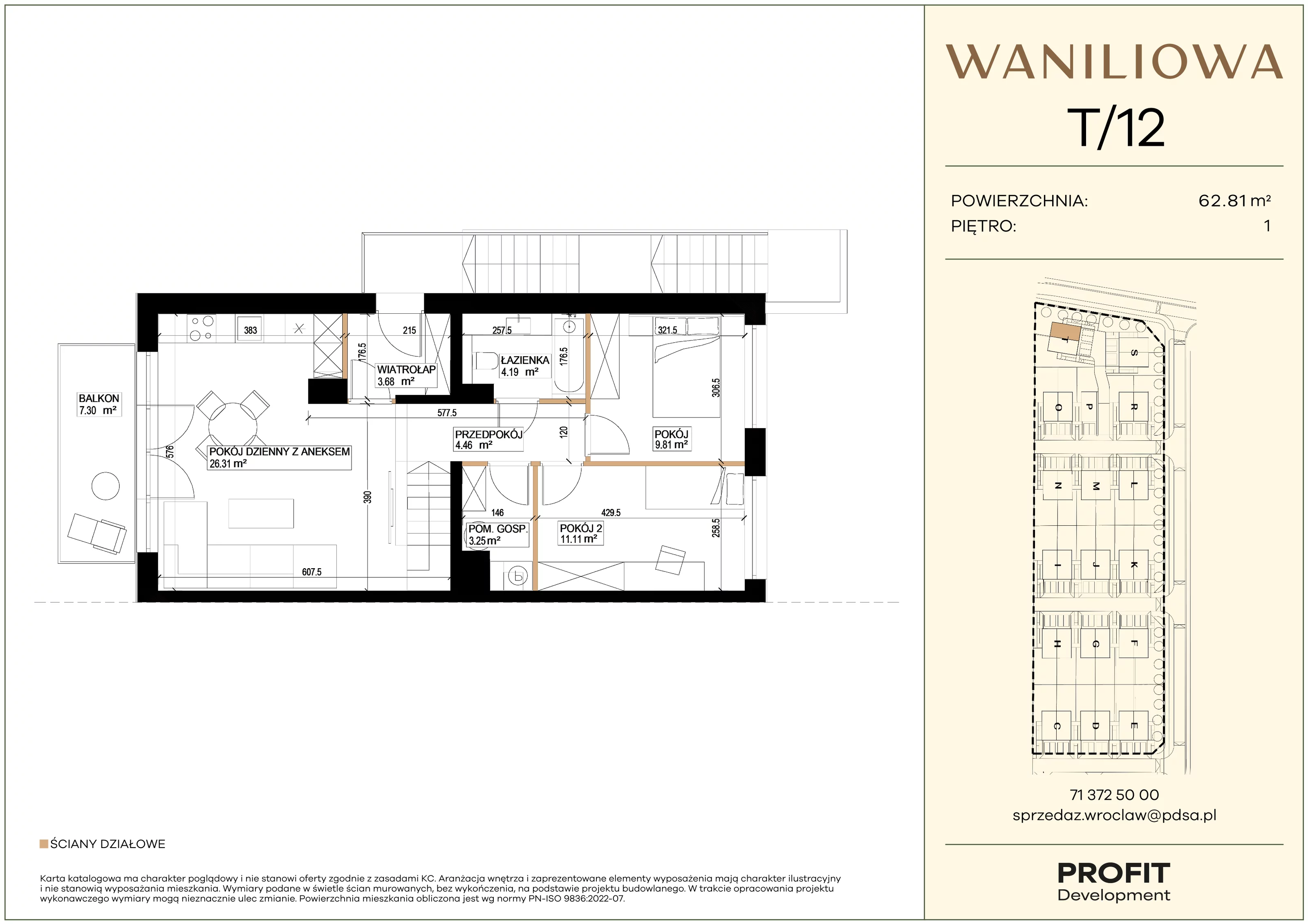 3 pokoje, mieszkanie 62,81 m², piętro 1, oferta nr WA1/T/12, Waniliowa, Wrocław, Lipa Piotrowska, Psie Pole, ul. Waniliowa