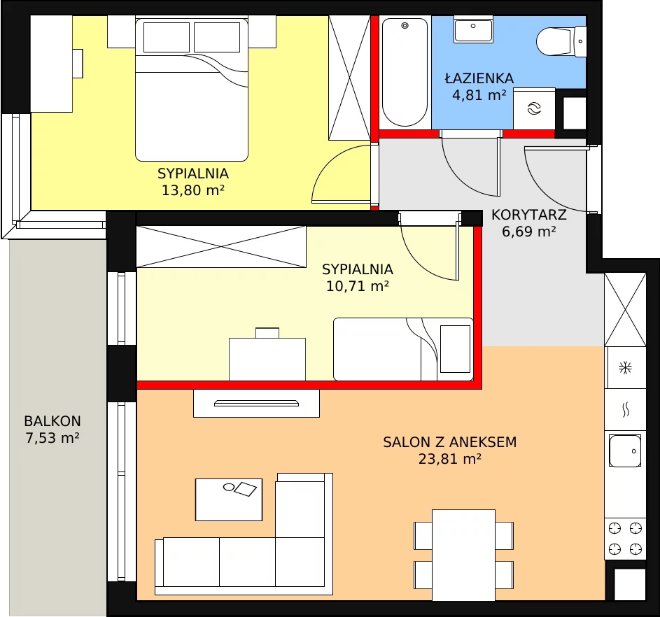 Mieszkanie 59,82 m², piętro 1, oferta nr 13/12., ASFALTOWA 13, Wrocław, Wojszyce, Krzyki, ul. Asfaltowa 13