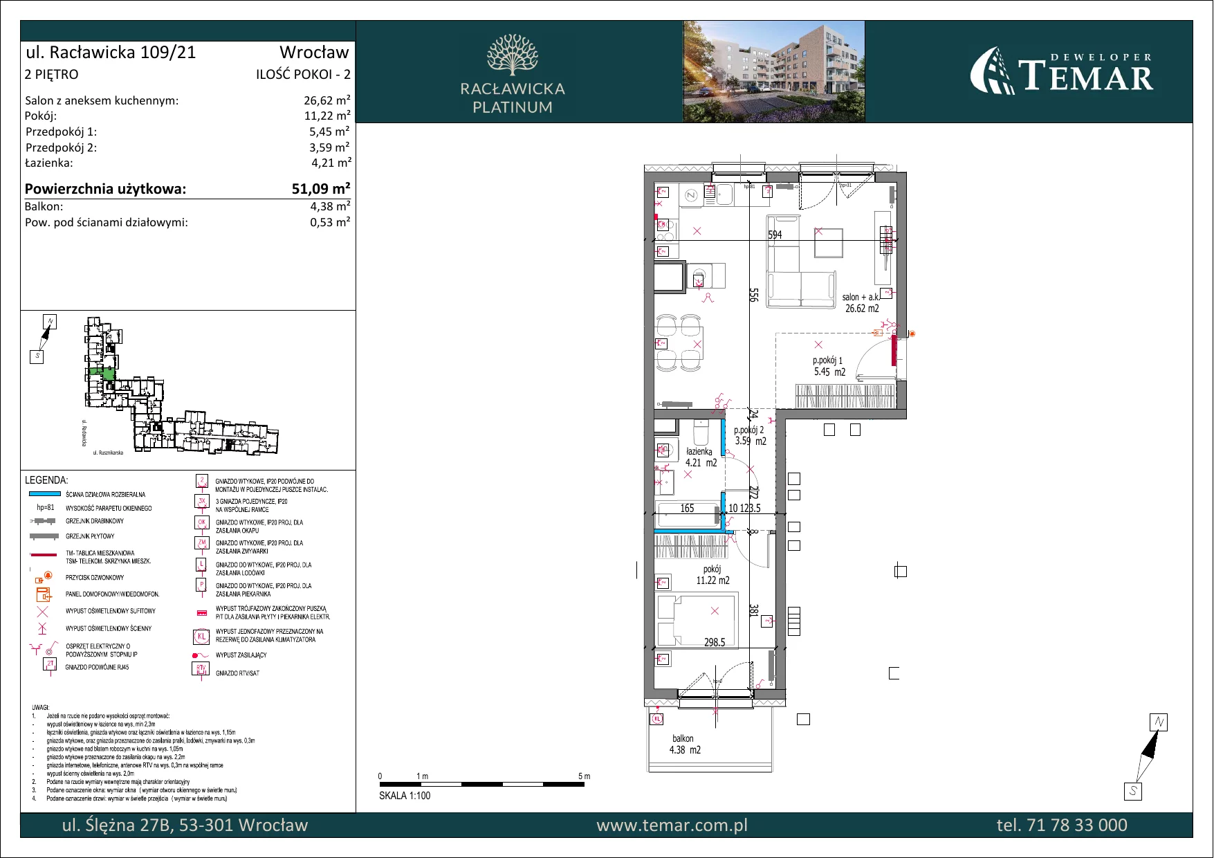 Mieszkanie 51,09 m², piętro 2, oferta nr 109_21, Racławicka Platinum, Wrocław, Grabiszyn-Grabiszynek, Grabiszynek, ul. Racławicka