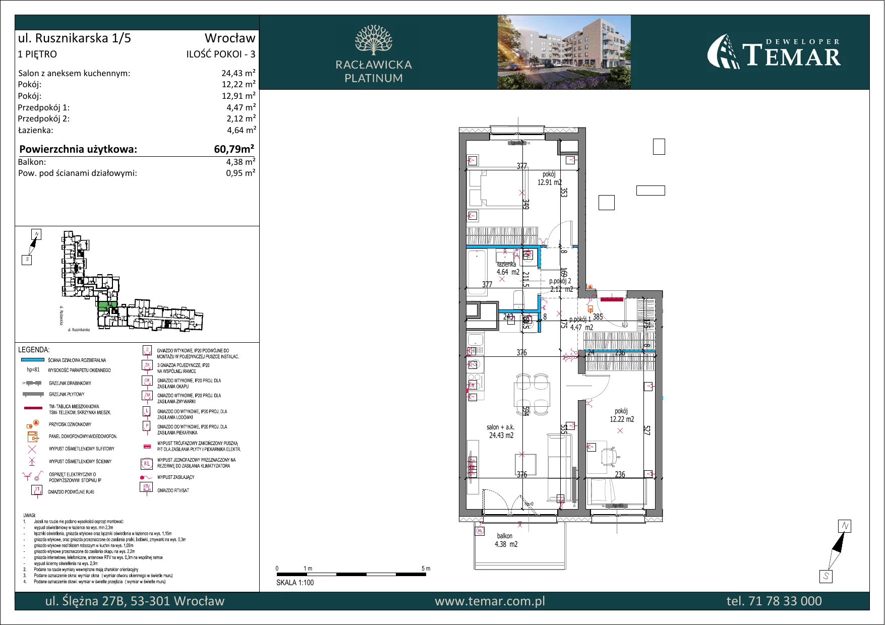 Mieszkanie 60,79 m², piętro 1, oferta nr 1_5, Racławicka Platinum, Wrocław, Grabiszyn-Grabiszynek, Grabiszynek, ul. Racławicka