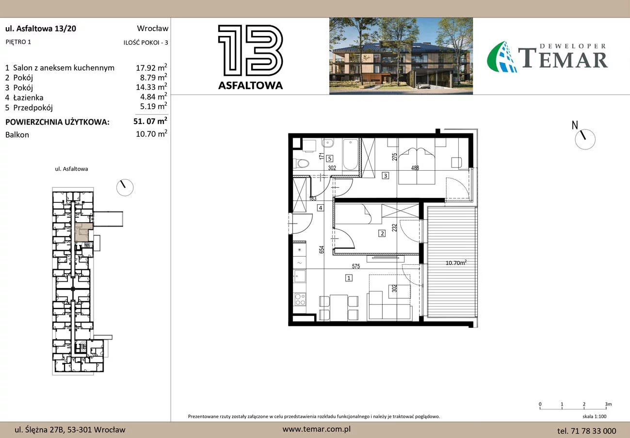 Mieszkanie 51,07 m², piętro 1, oferta nr 13/20, ASFALTOWA 13, Wrocław, Wojszyce, Krzyki, ul. Asfaltowa 13