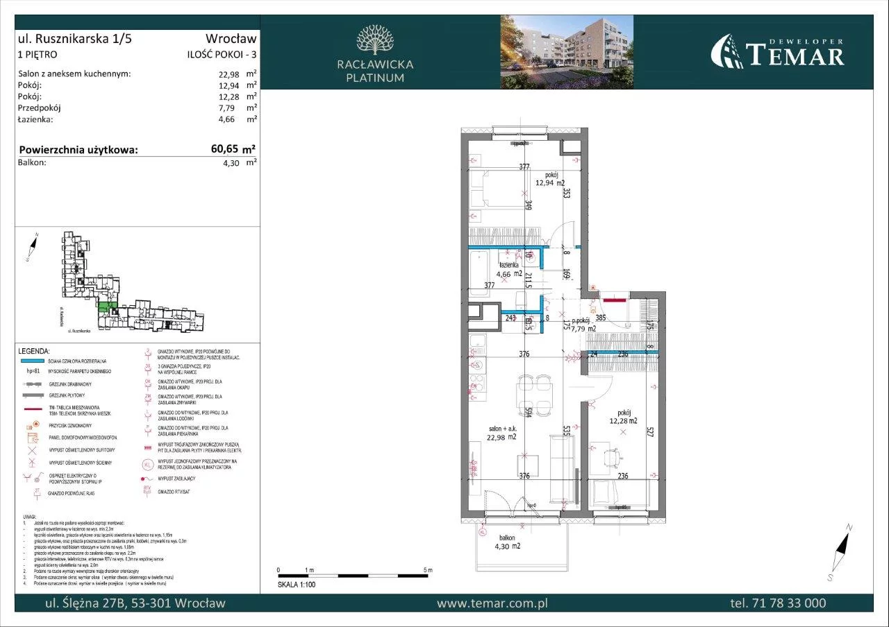 Mieszkanie 60,65 m², piętro 1, oferta nr 1_5, Racławicka Platinum, Wrocław, Grabiszyn-Grabiszynek, Grabiszynek, ul. Racławicka