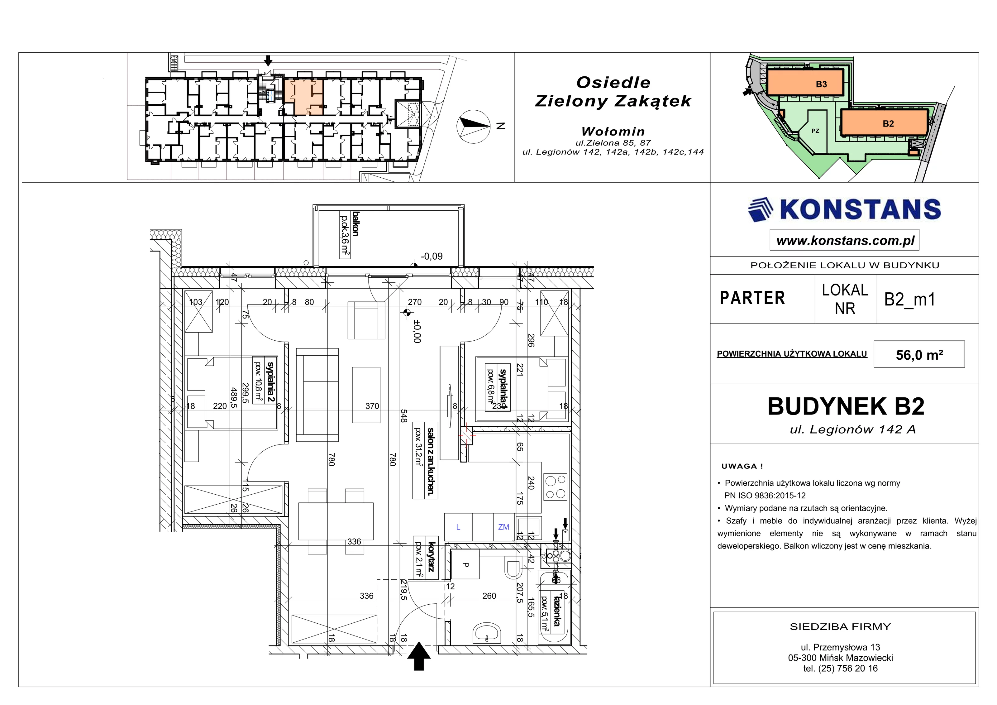 3 pokoje, mieszkanie 56,00 m², parter, oferta nr B2.1, Osiedle Zielony Zakątek - Etap II, Wołomin, ul. Legionów 142A/144
