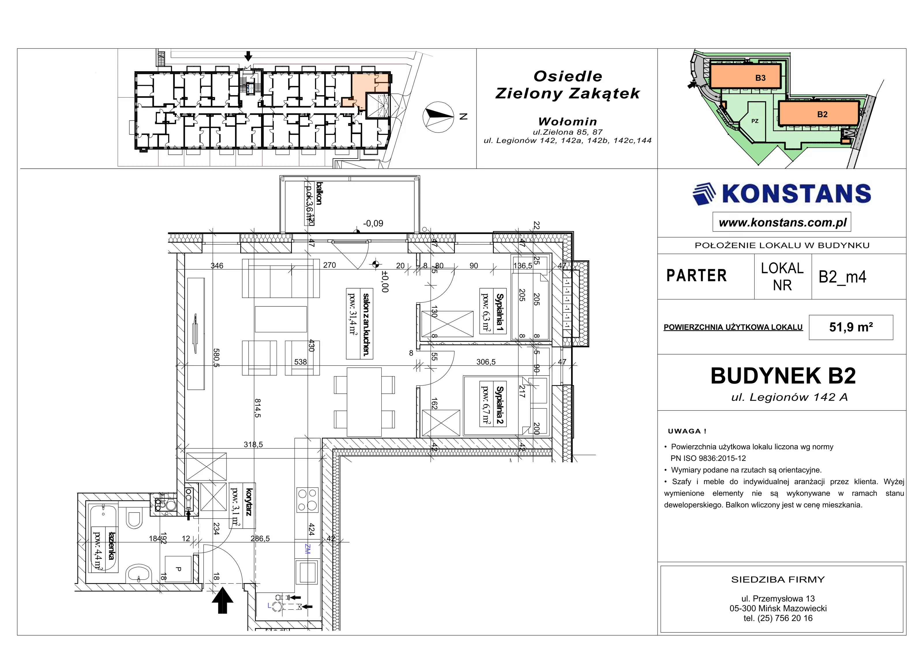 3 pokoje, mieszkanie 51,90 m², parter, oferta nr B2.4, Osiedle Zielony Zakątek - Etap II, Wołomin, ul. Legionów 142A/144