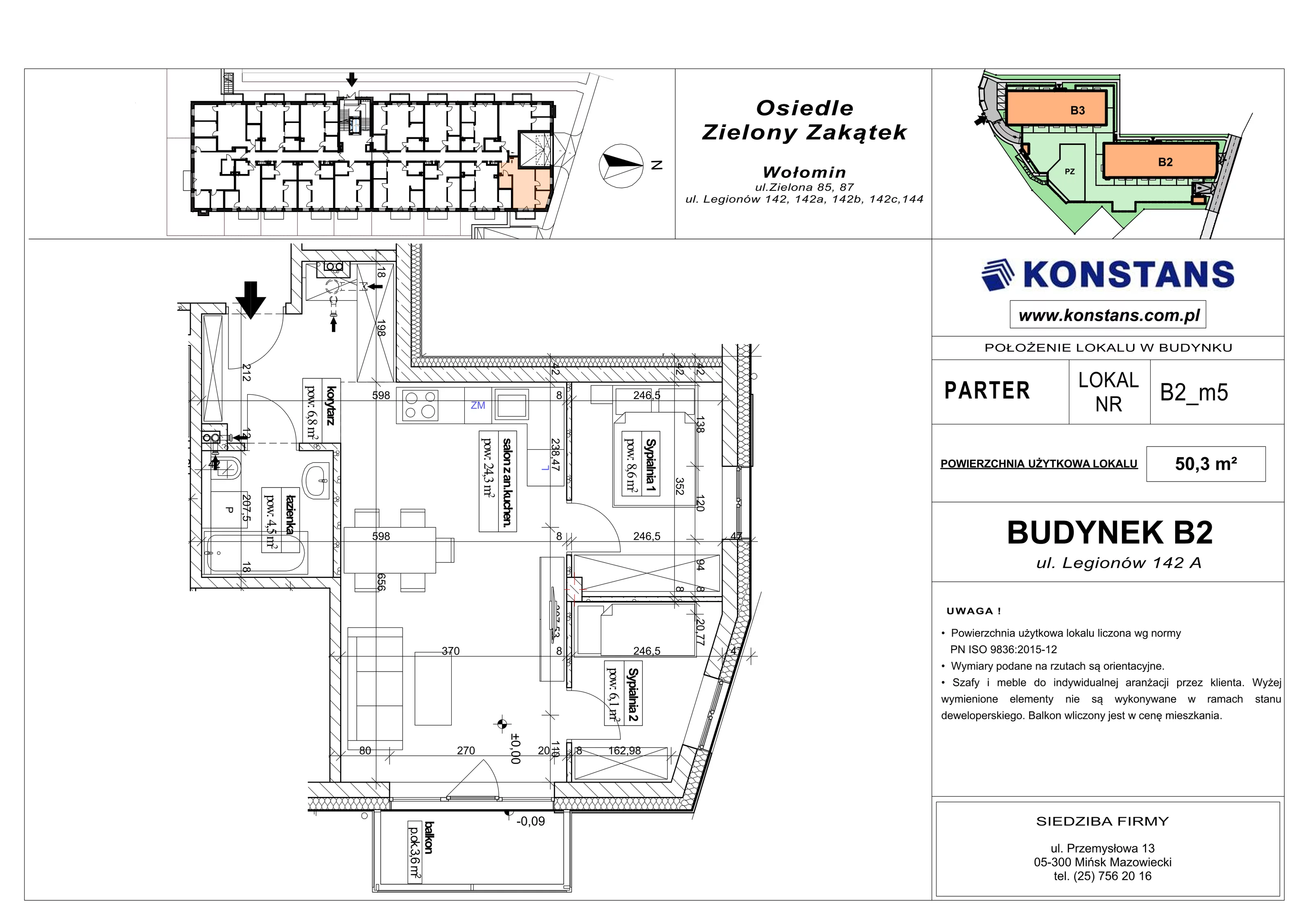 3 pokoje, mieszkanie 50,30 m², parter, oferta nr B2.5, Osiedle Zielony Zakątek - Etap II, Wołomin, ul. Legionów 142A/144