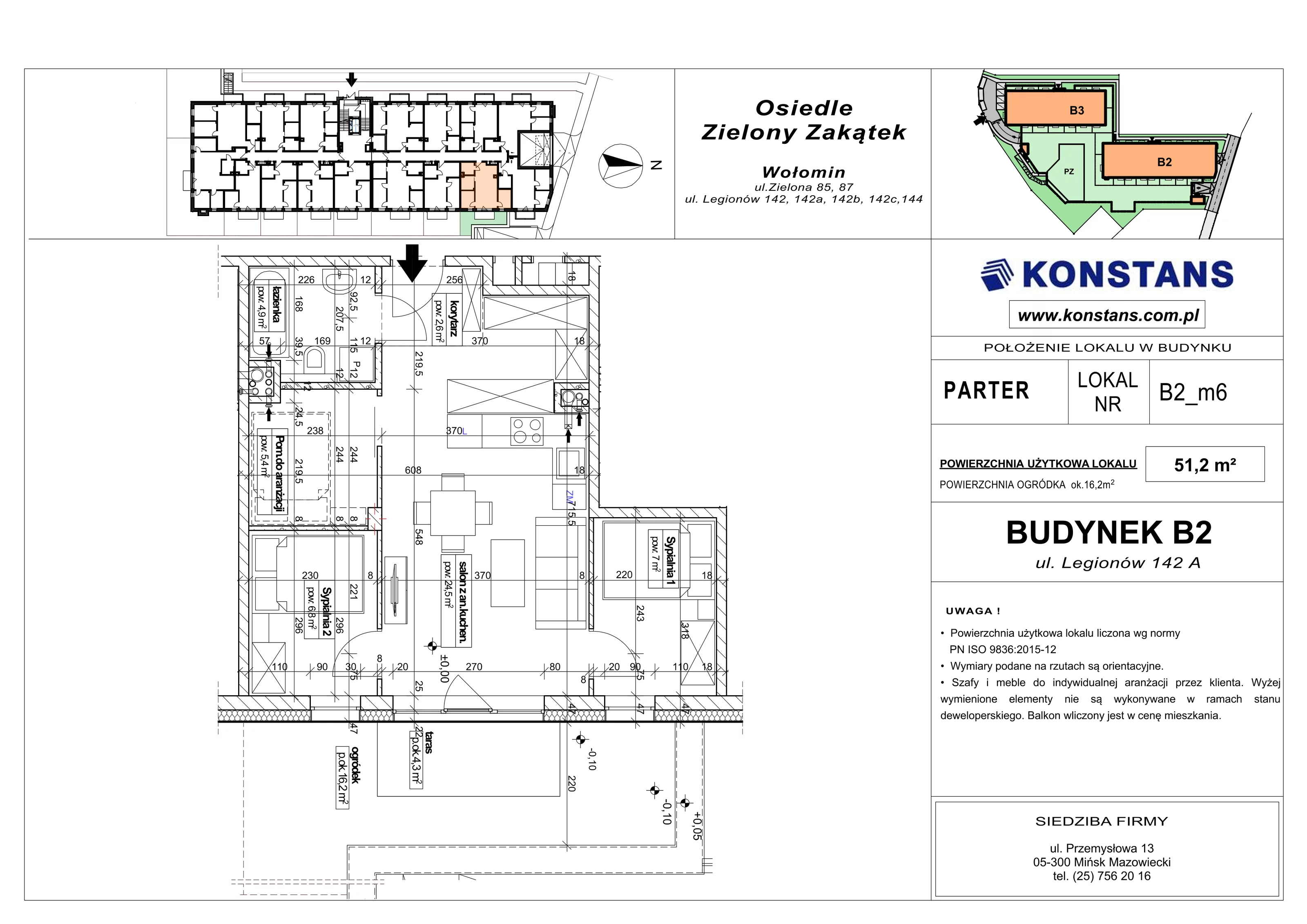 3 pokoje, mieszkanie 51,20 m², parter, oferta nr B2.6, Osiedle Zielony Zakątek - Etap II, Wołomin, ul. Legionów 142A/144