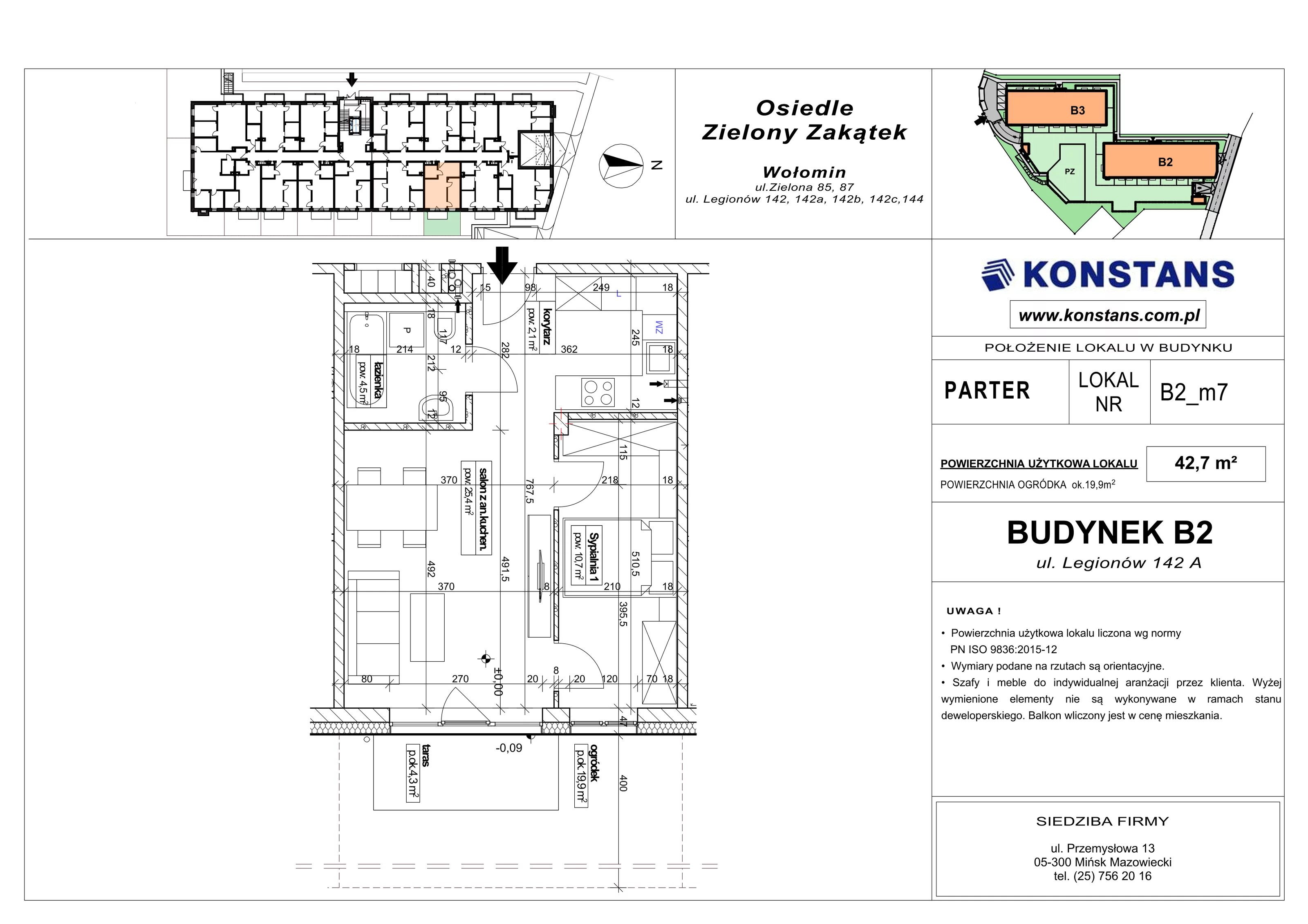 2 pokoje, mieszkanie 42,70 m², parter, oferta nr B2.7, Osiedle Zielony Zakątek - Etap II, Wołomin, ul. Legionów 142A/144