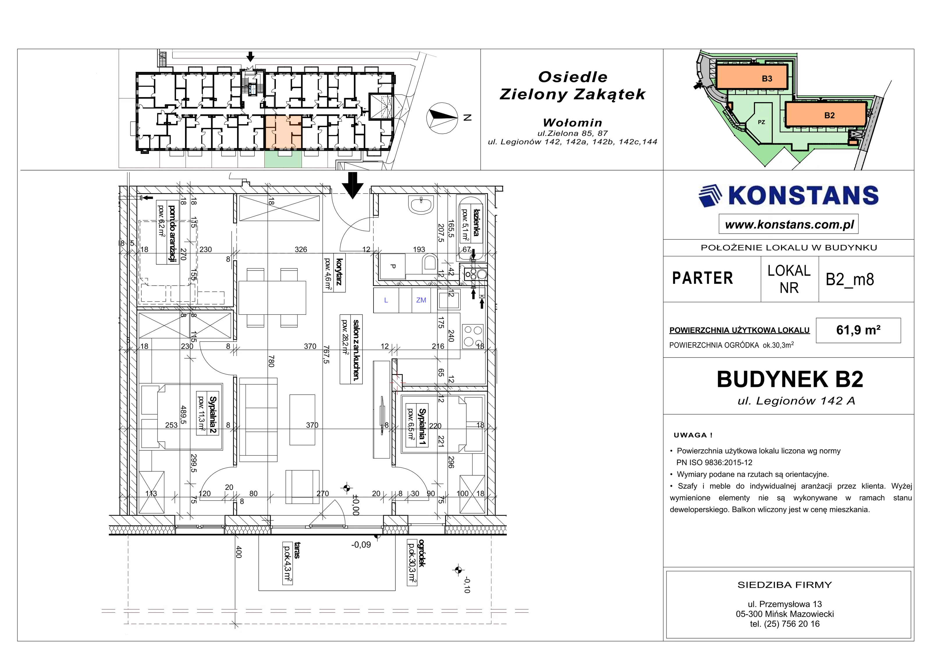 3 pokoje, mieszkanie 61,90 m², parter, oferta nr B2.8, Osiedle Zielony Zakątek - Etap II, Wołomin, ul. Legionów 142A/144