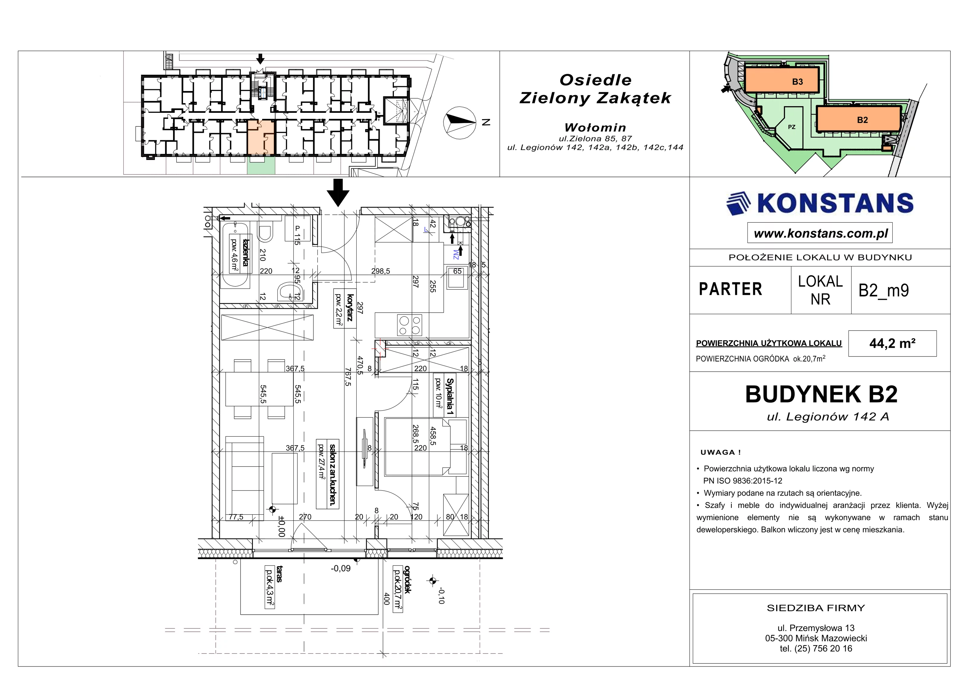2 pokoje, mieszkanie 44,20 m², parter, oferta nr B2.9, Osiedle Zielony Zakątek - Etap II, Wołomin, ul. Legionów 142A/144