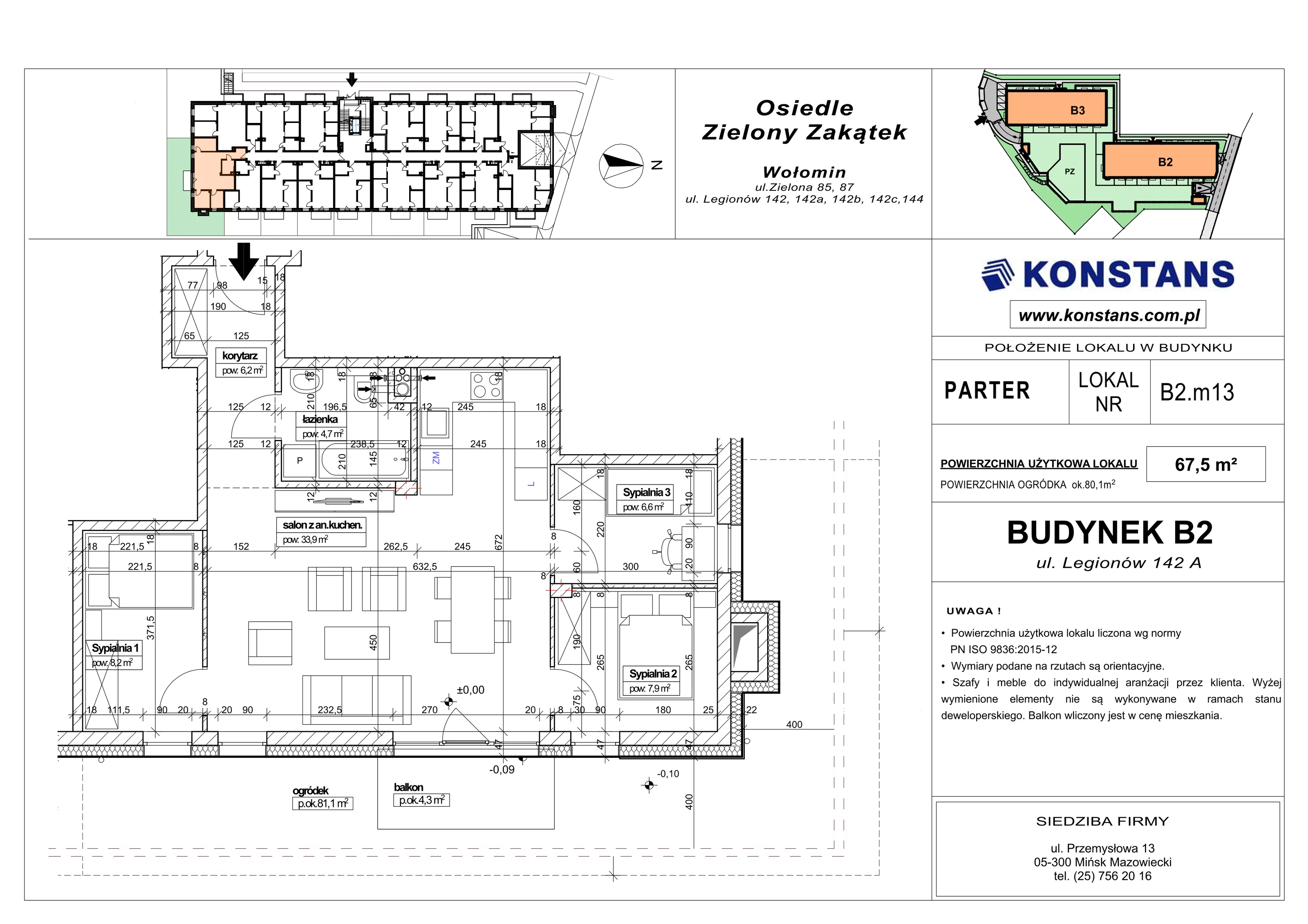 4 pokoje, mieszkanie 67,50 m², parter, oferta nr B2.13, Osiedle Zielony Zakątek - Etap II, Wołomin, ul. Legionów 142A/144