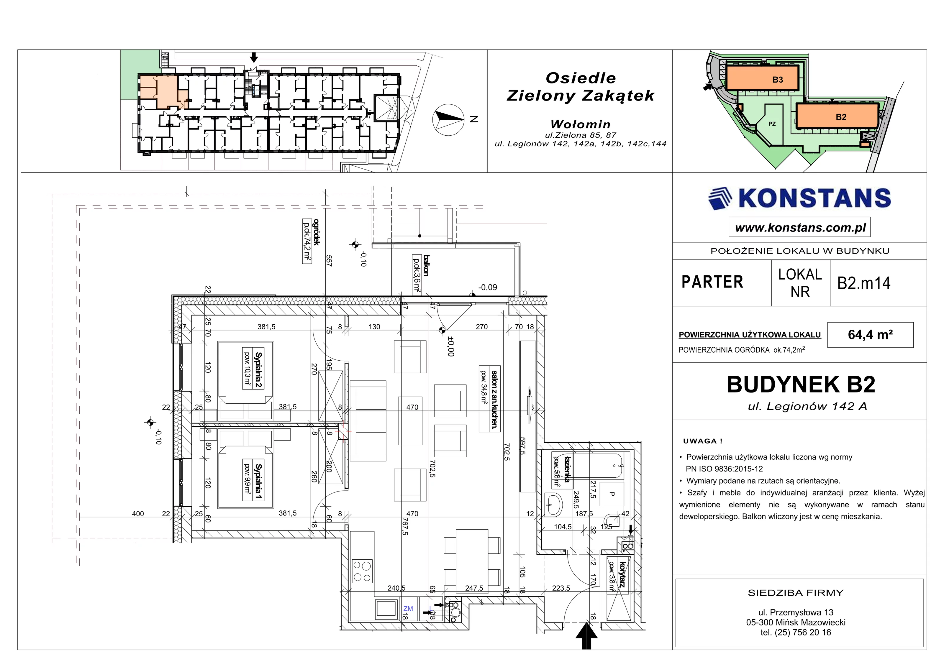 3 pokoje, mieszkanie 64,40 m², parter, oferta nr B2.14, Osiedle Zielony Zakątek - Etap II, Wołomin, ul. Legionów 142A/144