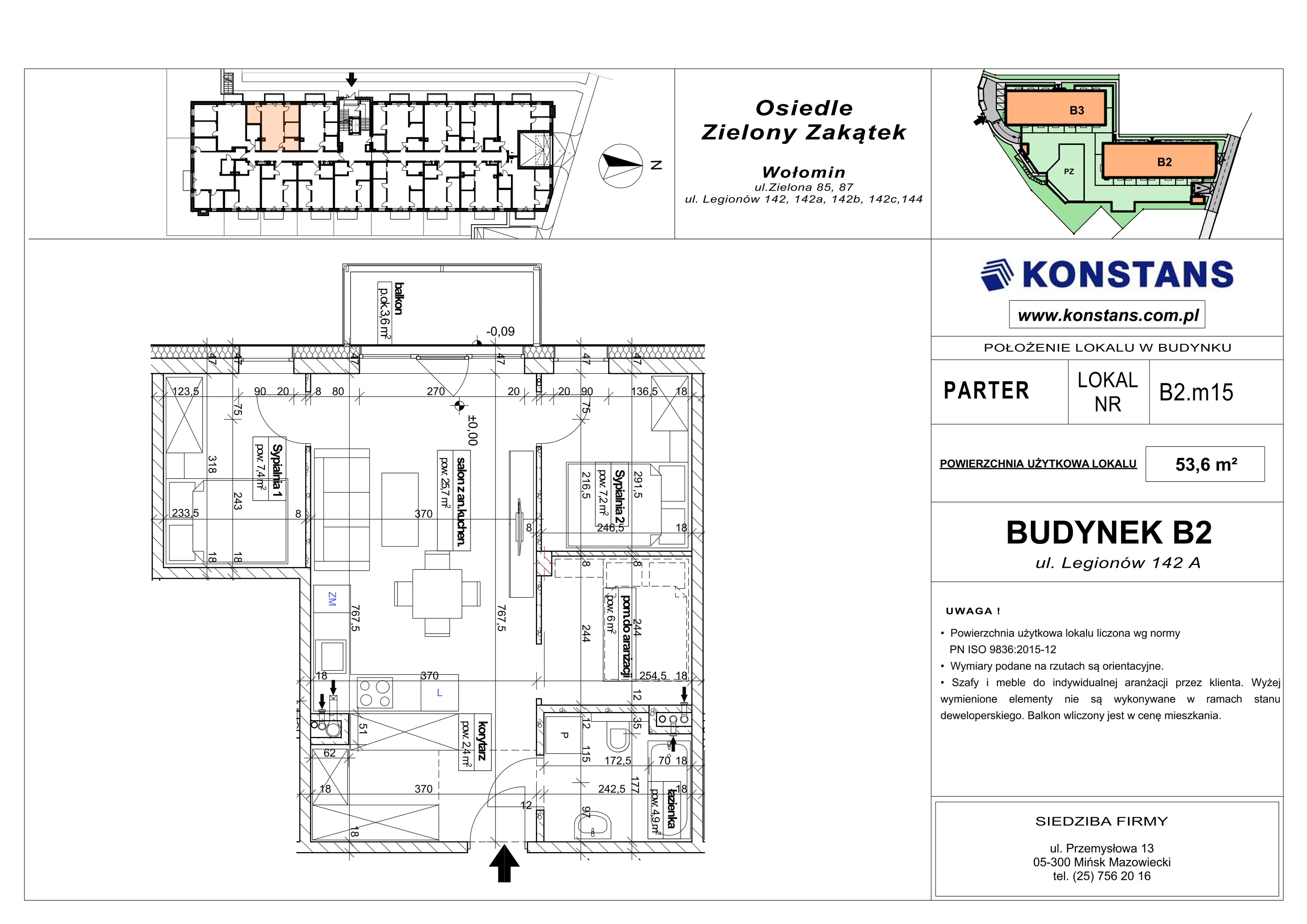 3 pokoje, mieszkanie 53,60 m², parter, oferta nr B2.15, Osiedle Zielony Zakątek - Etap II, Wołomin, ul. Legionów 142A/144