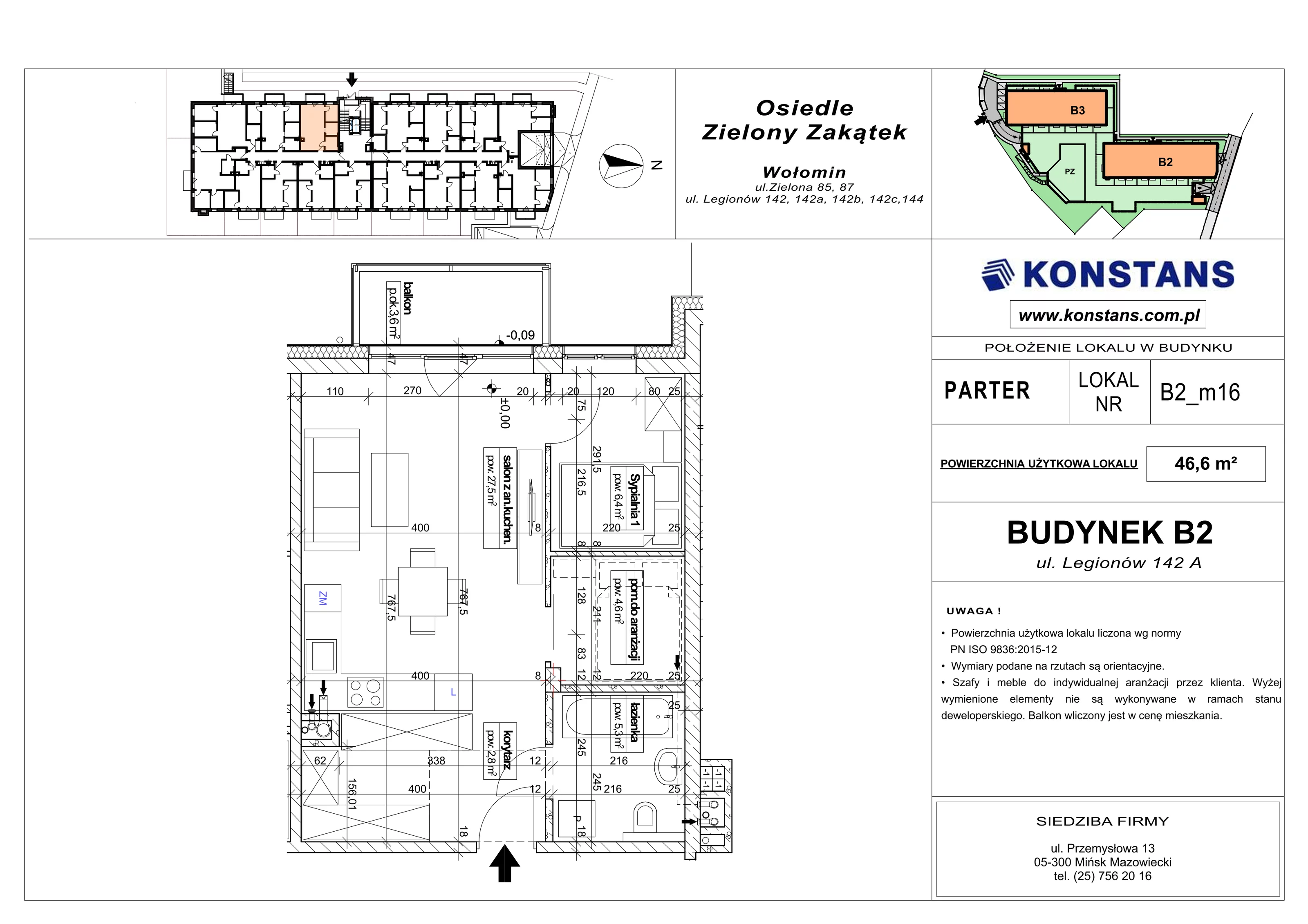 2 pokoje, mieszkanie 46,60 m², parter, oferta nr B2.16, Osiedle Zielony Zakątek - Etap II, Wołomin, ul. Legionów 142A/144