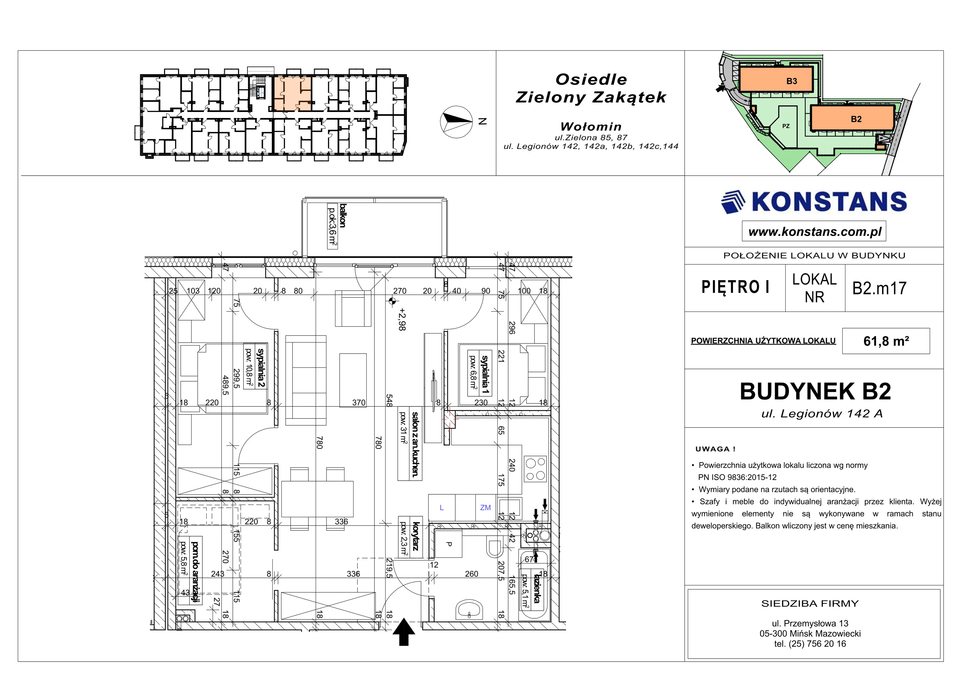 3 pokoje, mieszkanie 61,80 m², piętro 1, oferta nr B2.17, Osiedle Zielony Zakątek - Etap II, Wołomin, ul. Legionów 142A/144