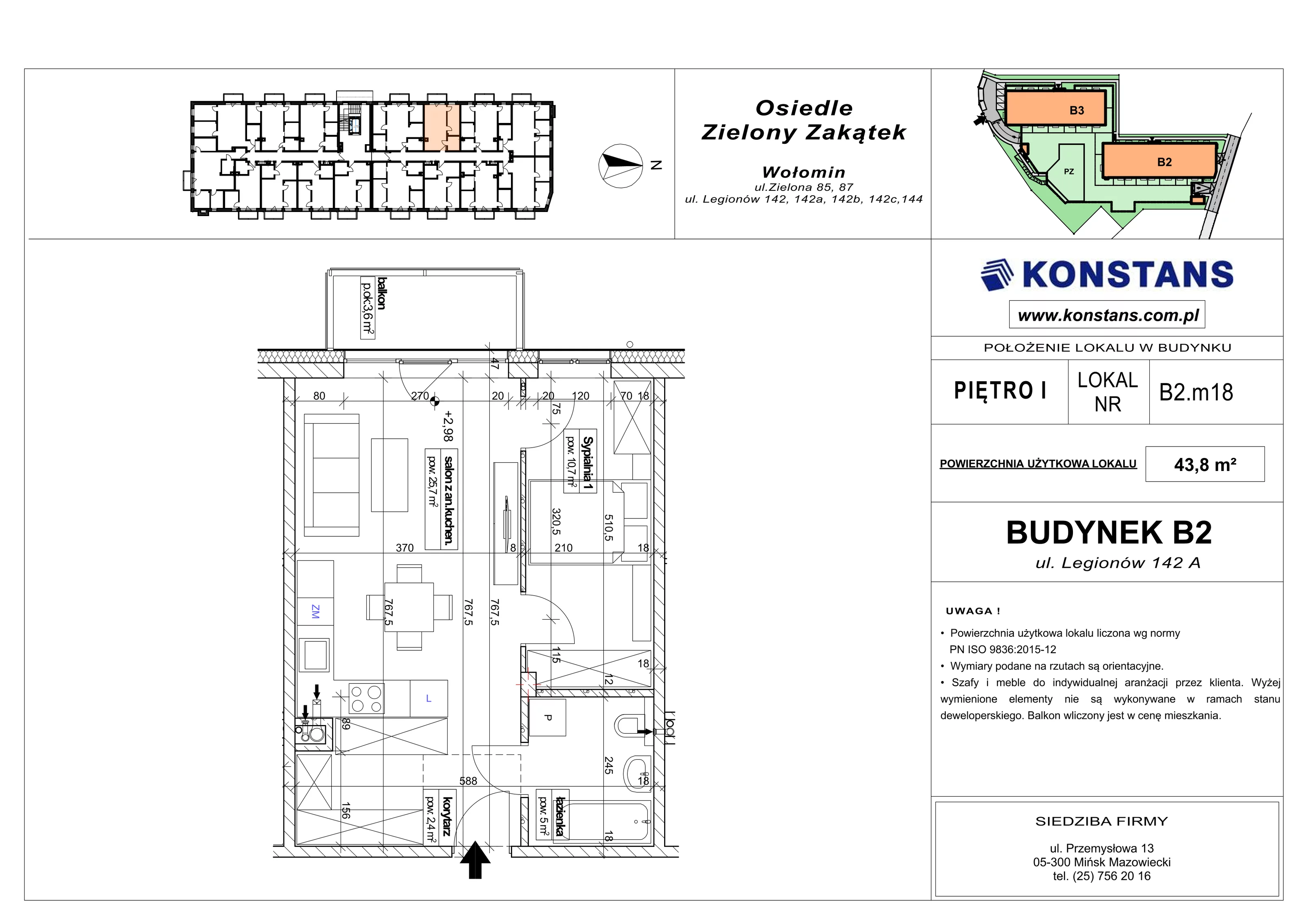 2 pokoje, mieszkanie 43,80 m², piętro 1, oferta nr B2.18, Osiedle Zielony Zakątek - Etap II, Wołomin, ul. Legionów 142A/144