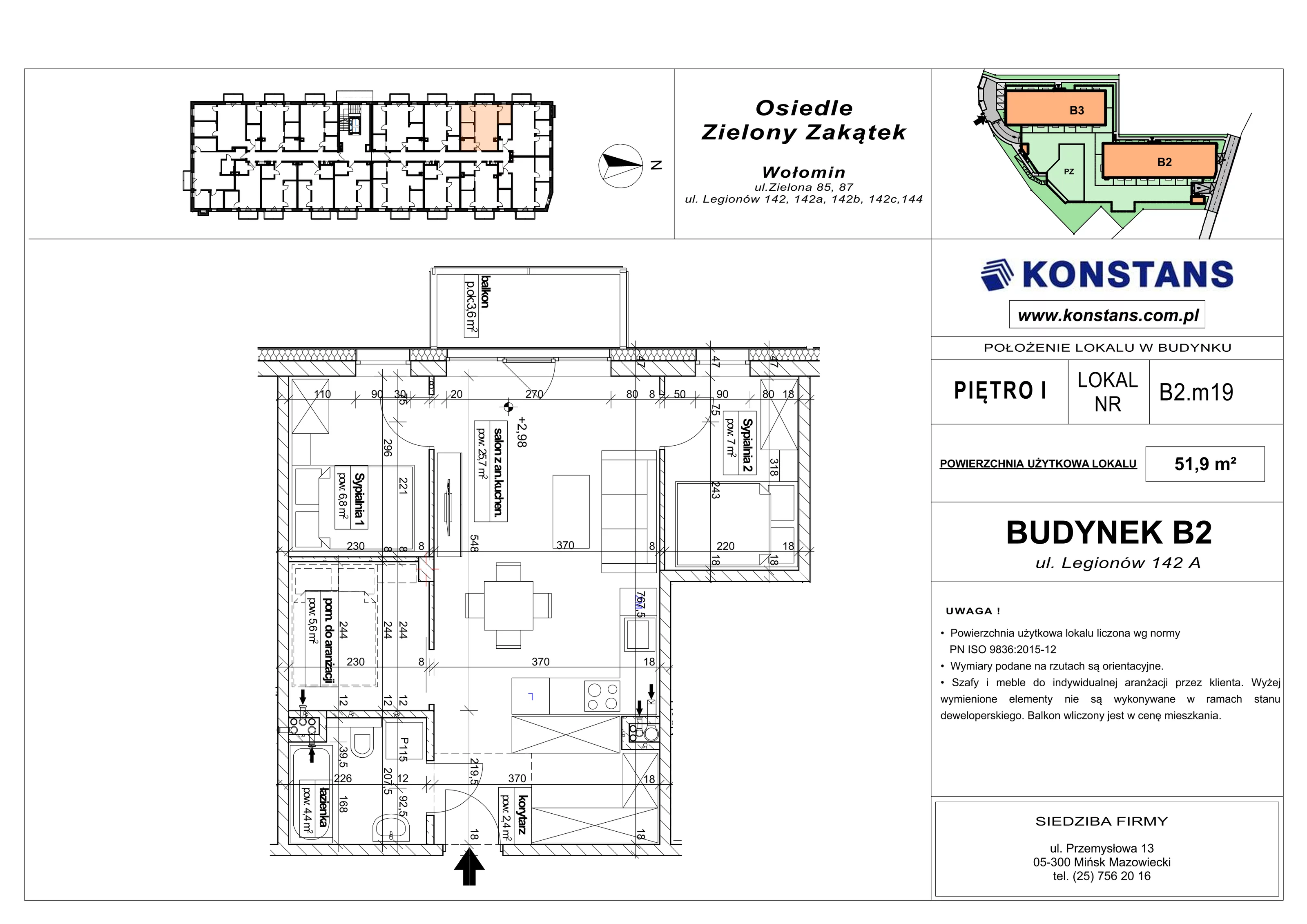 3 pokoje, mieszkanie 51,90 m², piętro 1, oferta nr B2.19, Osiedle Zielony Zakątek - Etap II, Wołomin, ul. Legionów 142A/144