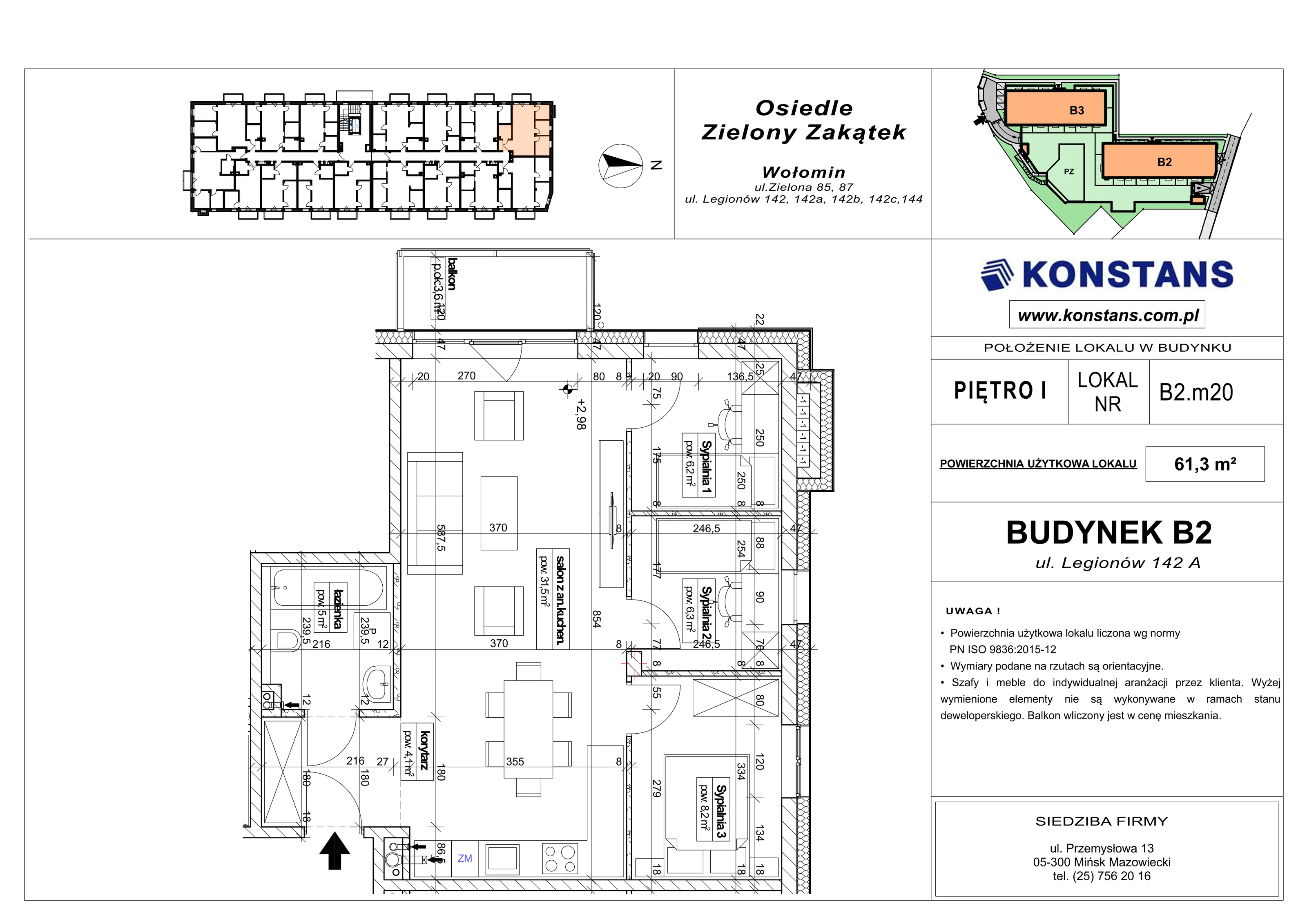 4 pokoje, mieszkanie 61,30 m², piętro 1, oferta nr B2.20, Osiedle Zielony Zakątek - Etap II, Wołomin, ul. Legionów 142A/144