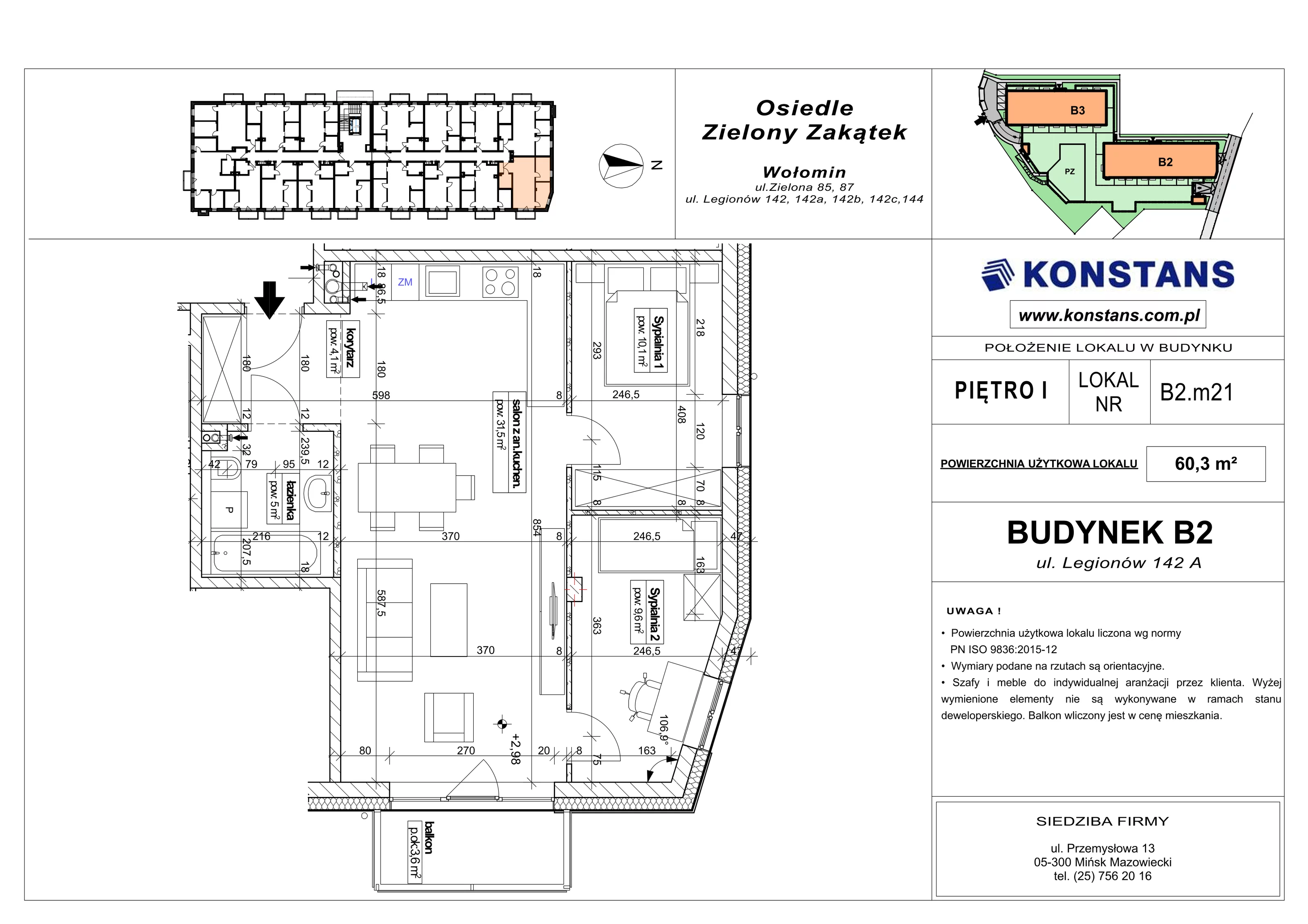 3 pokoje, mieszkanie 60,30 m², piętro 1, oferta nr B2.21, Osiedle Zielony Zakątek - Etap II, Wołomin, ul. Legionów 142A/144