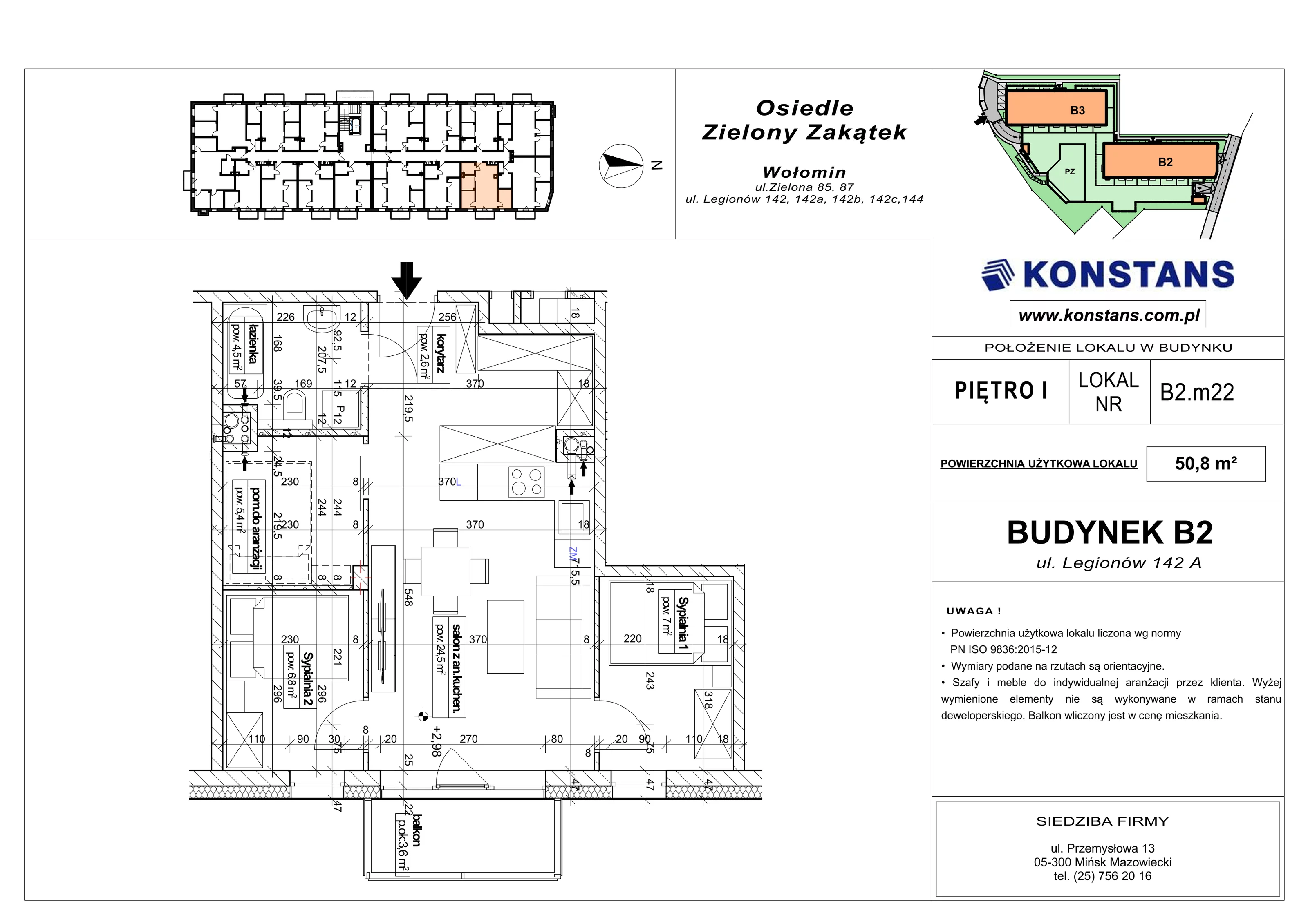 3 pokoje, mieszkanie 50,80 m², piętro 1, oferta nr B2.22, Osiedle Zielony Zakątek - Etap II, Wołomin, ul. Legionów 142A/144