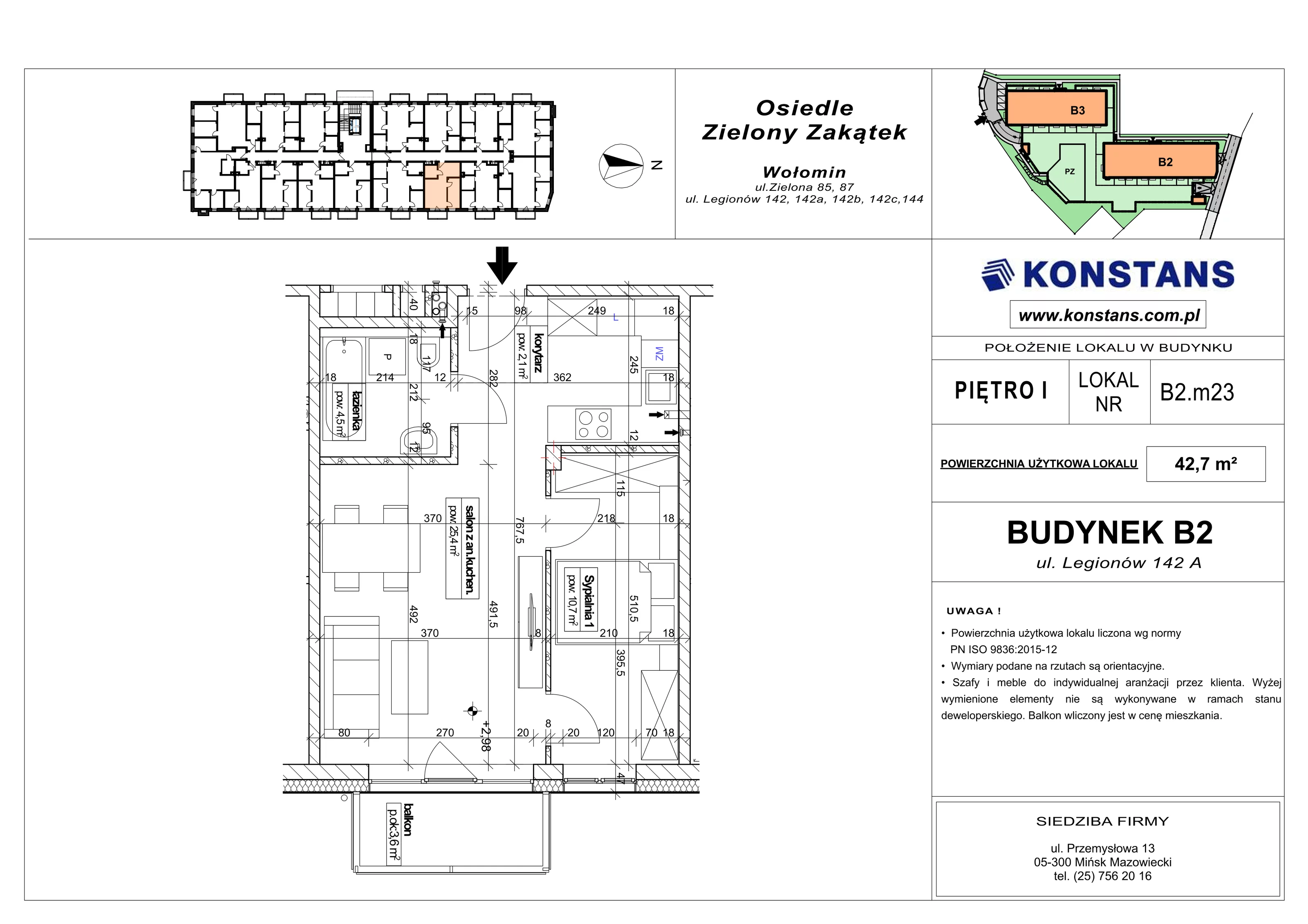 2 pokoje, mieszkanie 42,70 m², piętro 1, oferta nr B2.23, Osiedle Zielony Zakątek - Etap II, Wołomin, ul. Legionów 142A/144