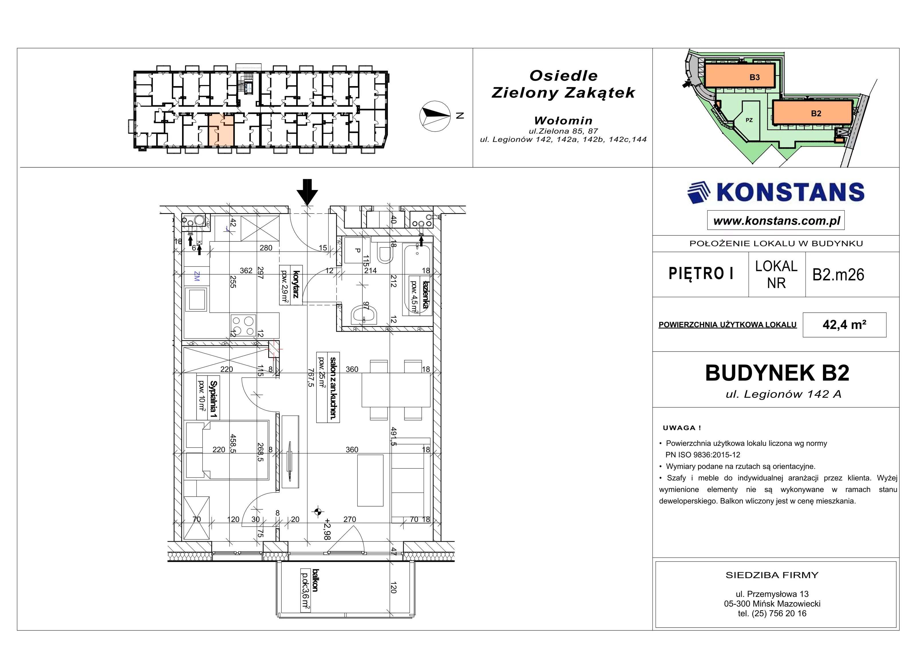 2 pokoje, mieszkanie 42,40 m², piętro 1, oferta nr B2.26, Osiedle Zielony Zakątek - Etap II, Wołomin, ul. Legionów 142A/144