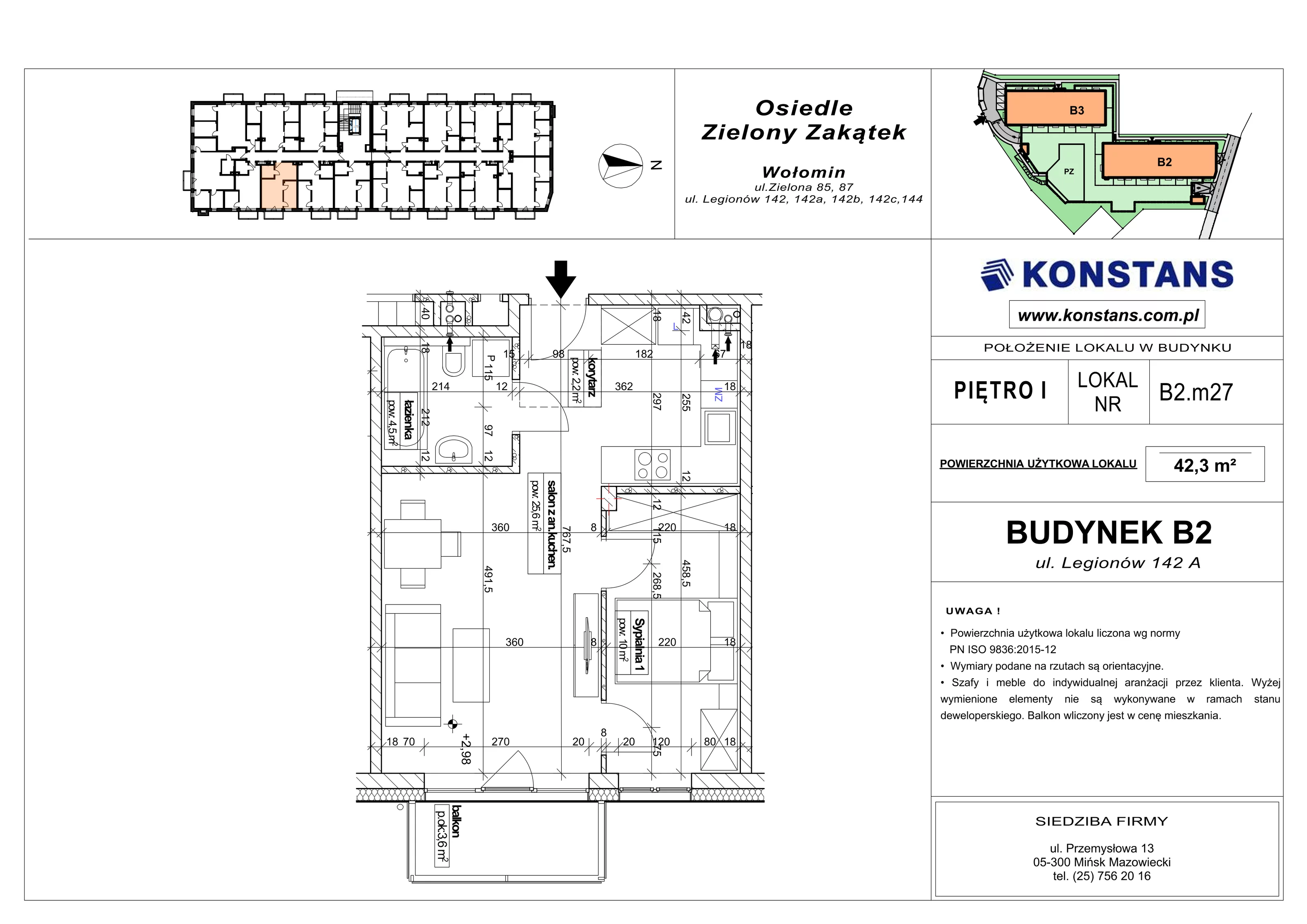 2 pokoje, mieszkanie 42,30 m², piętro 1, oferta nr B2.27, Osiedle Zielony Zakątek - Etap II, Wołomin, ul. Legionów 142A/144