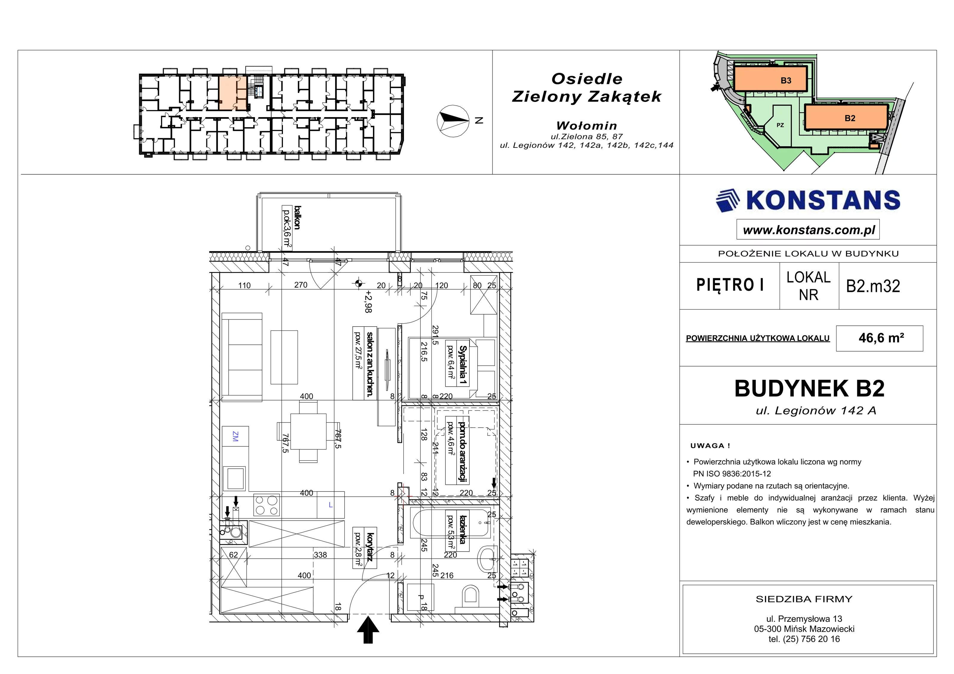 2 pokoje, mieszkanie 46,60 m², piętro 1, oferta nr B2.32, Osiedle Zielony Zakątek - Etap II, Wołomin, ul. Legionów 142A/144