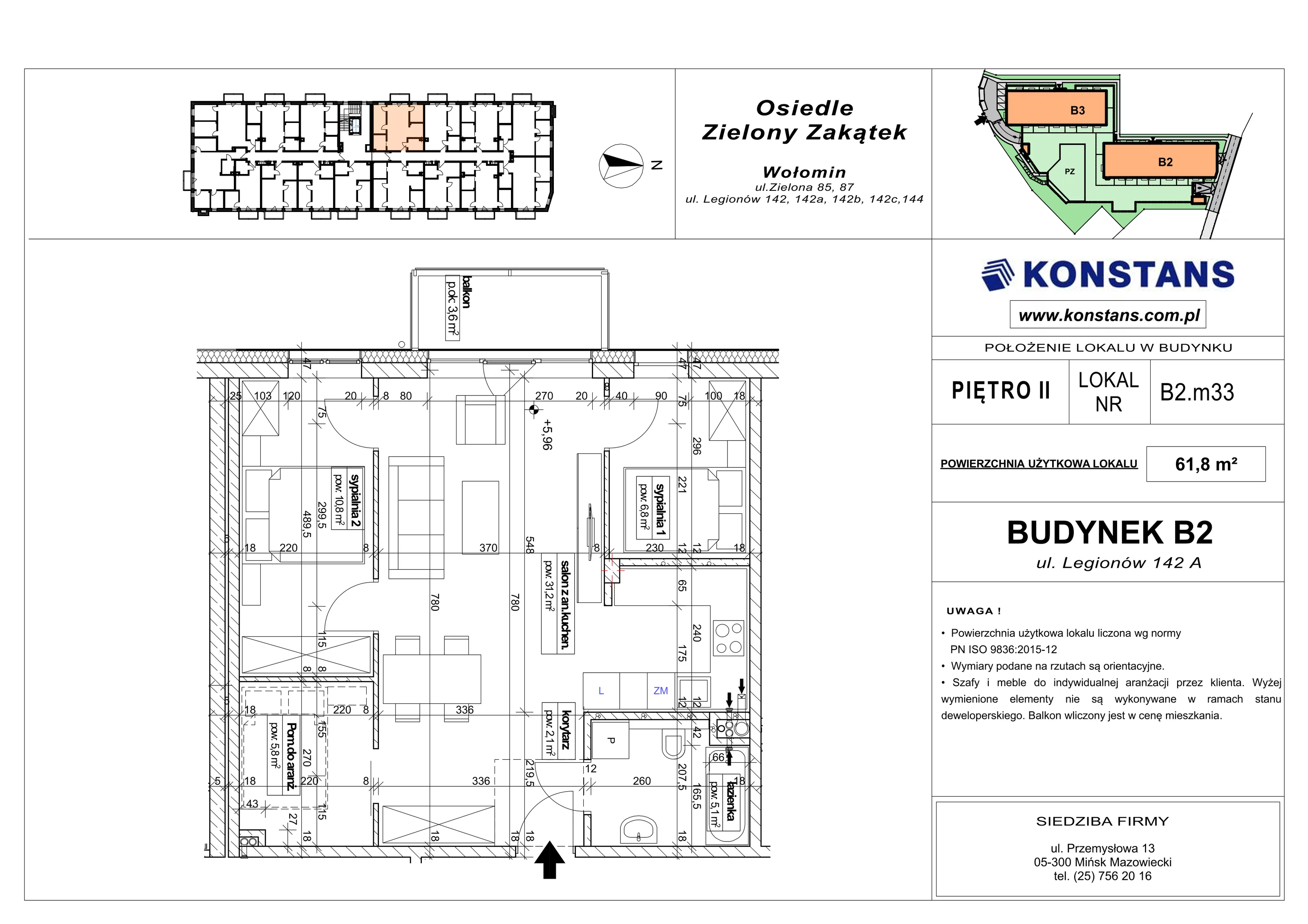 3 pokoje, mieszkanie 61,80 m², piętro 2, oferta nr B2.33, Osiedle Zielony Zakątek - Etap II, Wołomin, ul. Legionów 142A/144