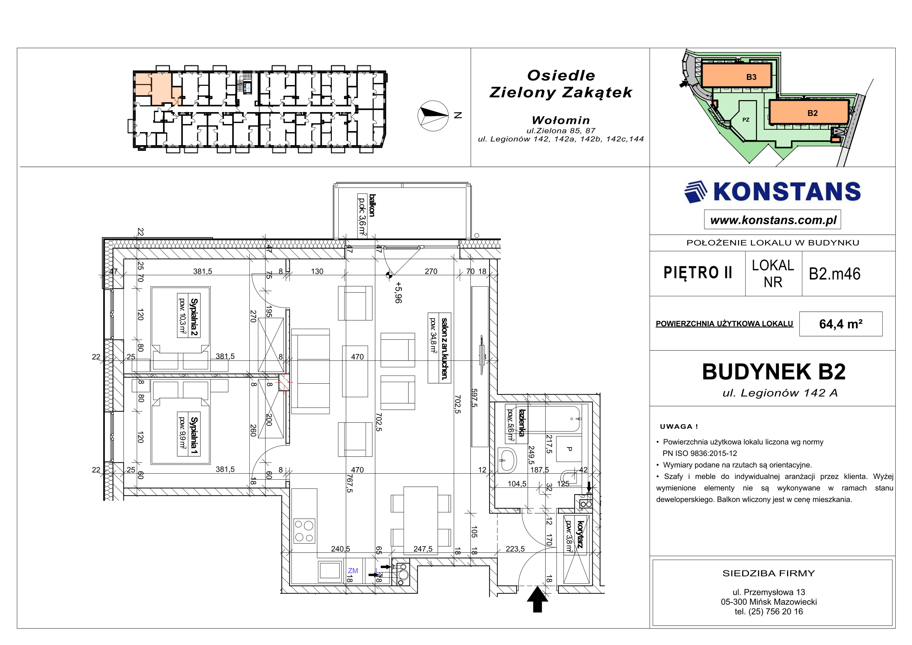3 pokoje, mieszkanie 64,40 m², piętro 2, oferta nr B2.46, Osiedle Zielony Zakątek - Etap II, Wołomin, ul. Legionów 142A/144